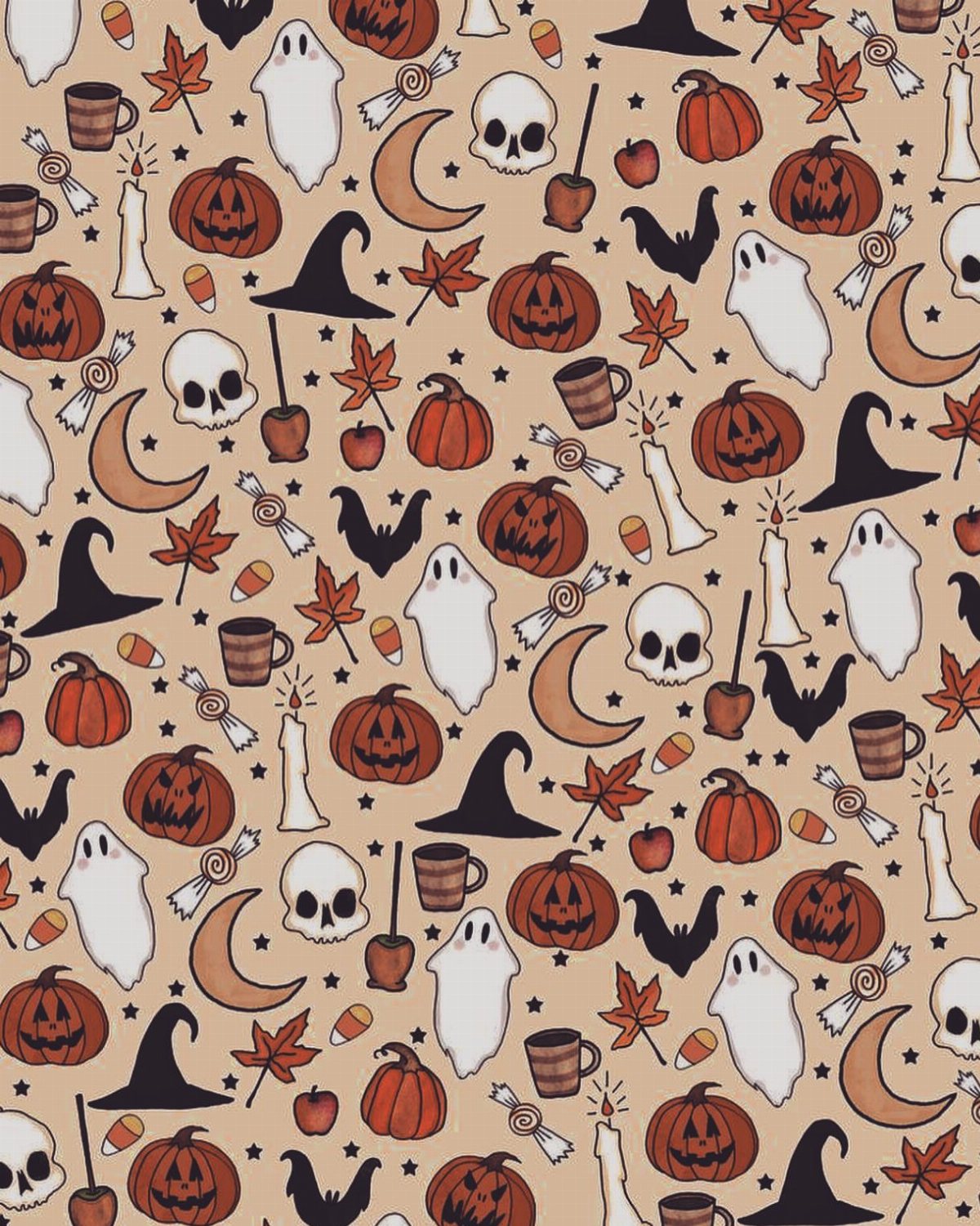 Whimsical Halloween pattern featuring ghosts, pumpkins, witch hats, and autumn leaves on a tan background.