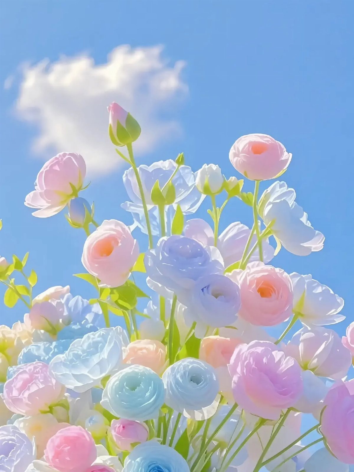 9 Cute Wallpapers for iPhone That Stay Good Past Lock 1 Pastel pink and blue ranunculus flowers blooming against a bright blue sky with clouds.