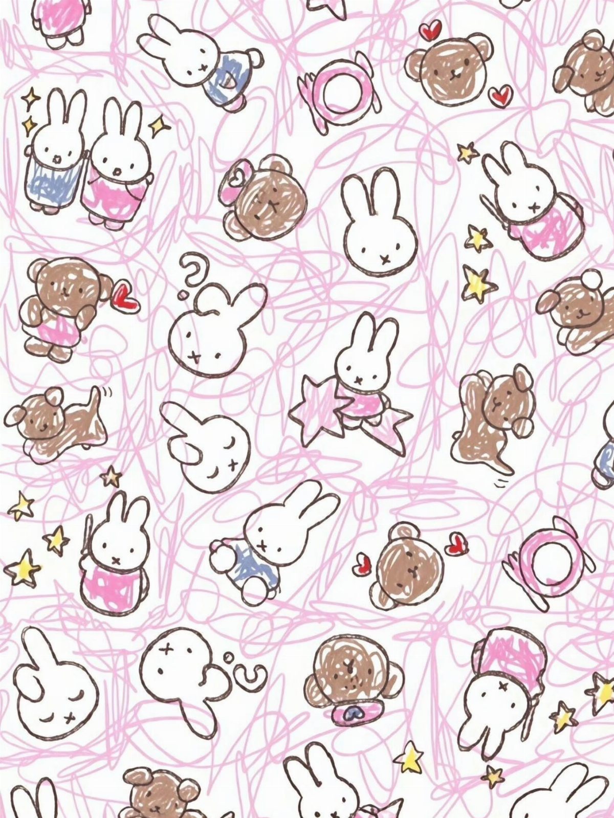 9 Cute Wallpapers for iPhone That Stay Good Past Lock 8 Hand-drawn doodles of cute white rabbits and brown bears on a pink scribbled background.