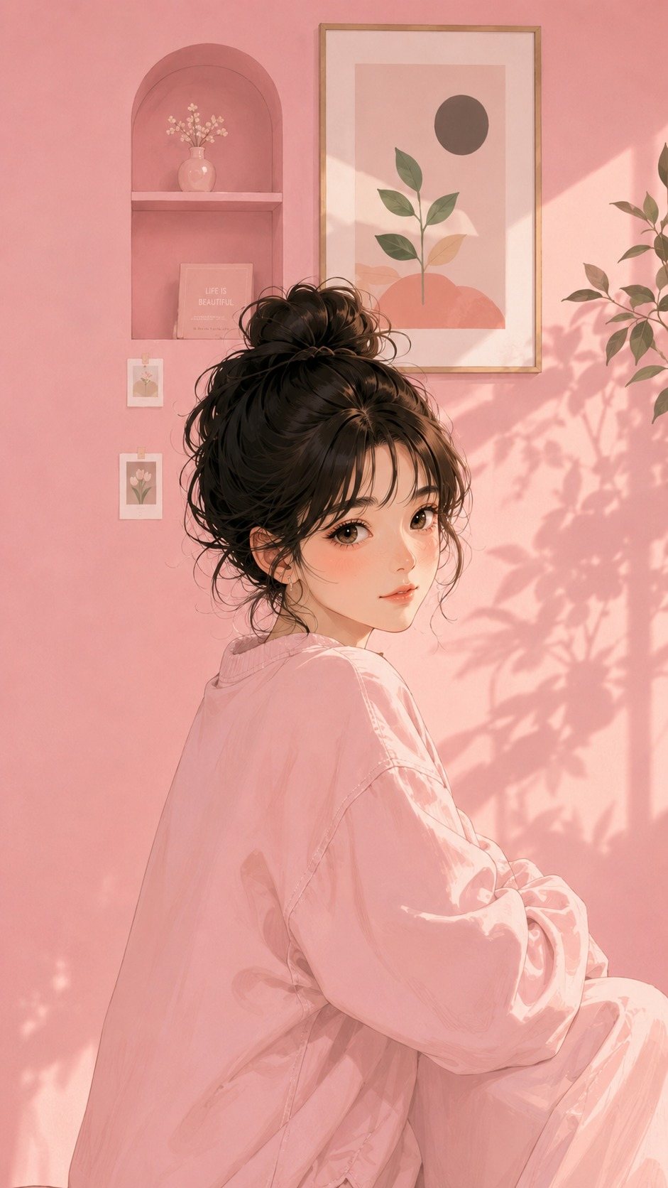 9 Cute Wallpapers for iPhone That Stay Good Past Lock 3 Anime girl with dark hair in a bun wearing a pink sweatshirt against a pink wall.