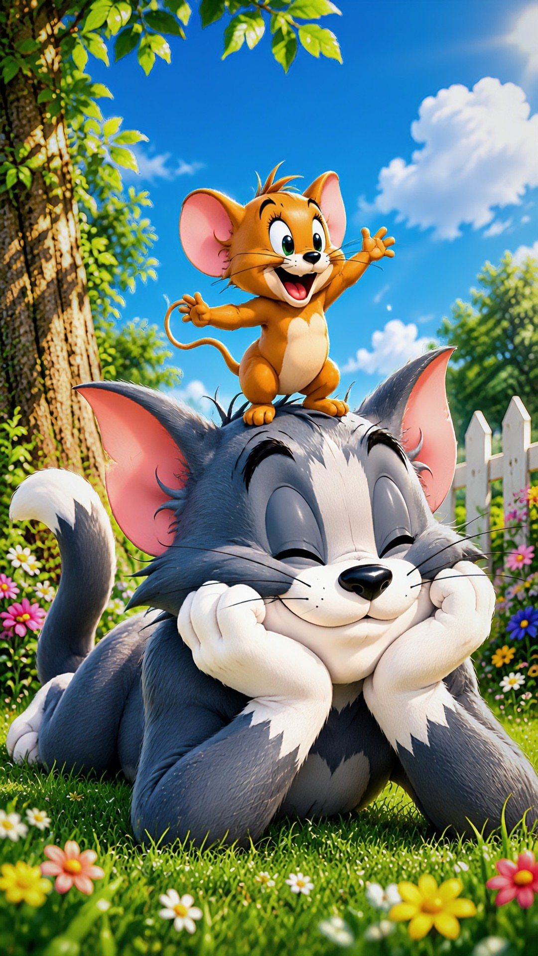 9 Cute Wallpapers for iPhone That Stay Good Past Lock 2 Jerry the mouse standing on top of Tom the cat in a sunny garden.