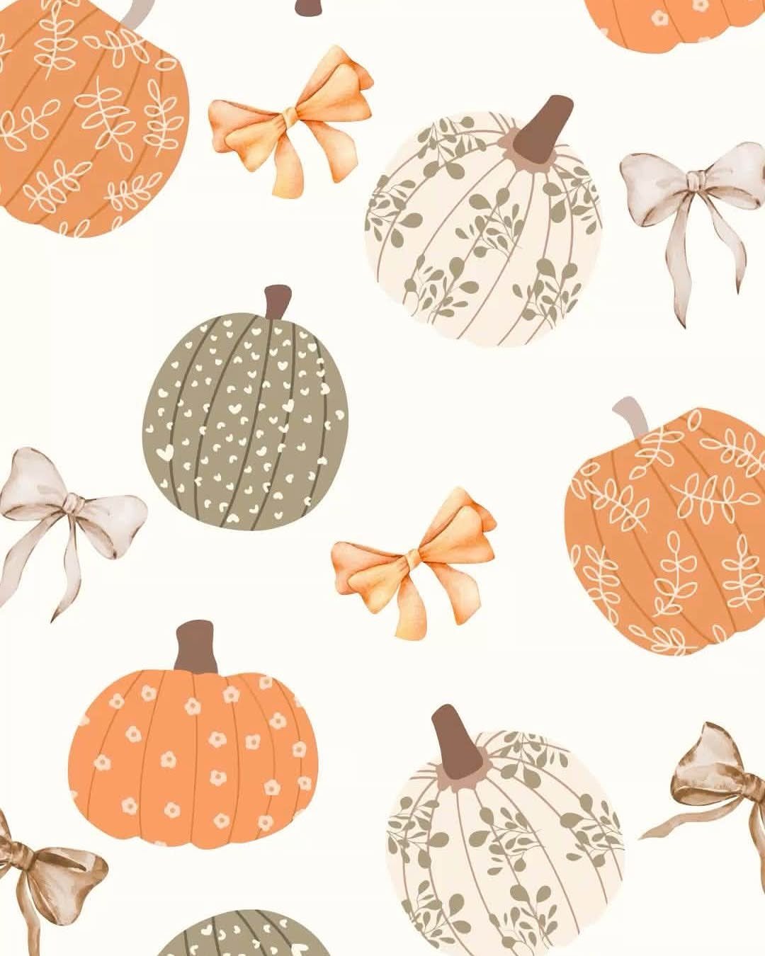 9 Cute Wallpapers for iPhone That Stay Good Past Lock 9 Patterned pumpkins with floral and polka dot designs and bows on a cream background.