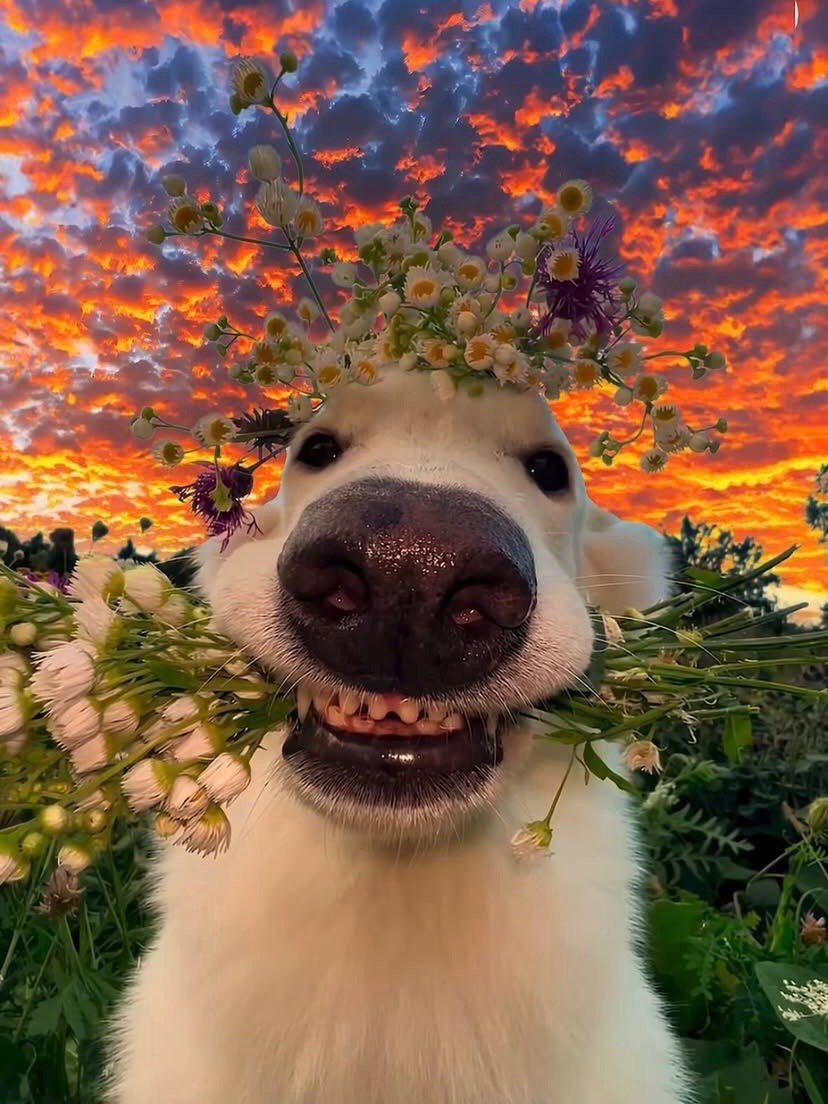 9 Cute Wallpapers for iPhone That Stay Good Past Lock 5 White dog with a flower crown and flowers in its mouth against a sunset sky.