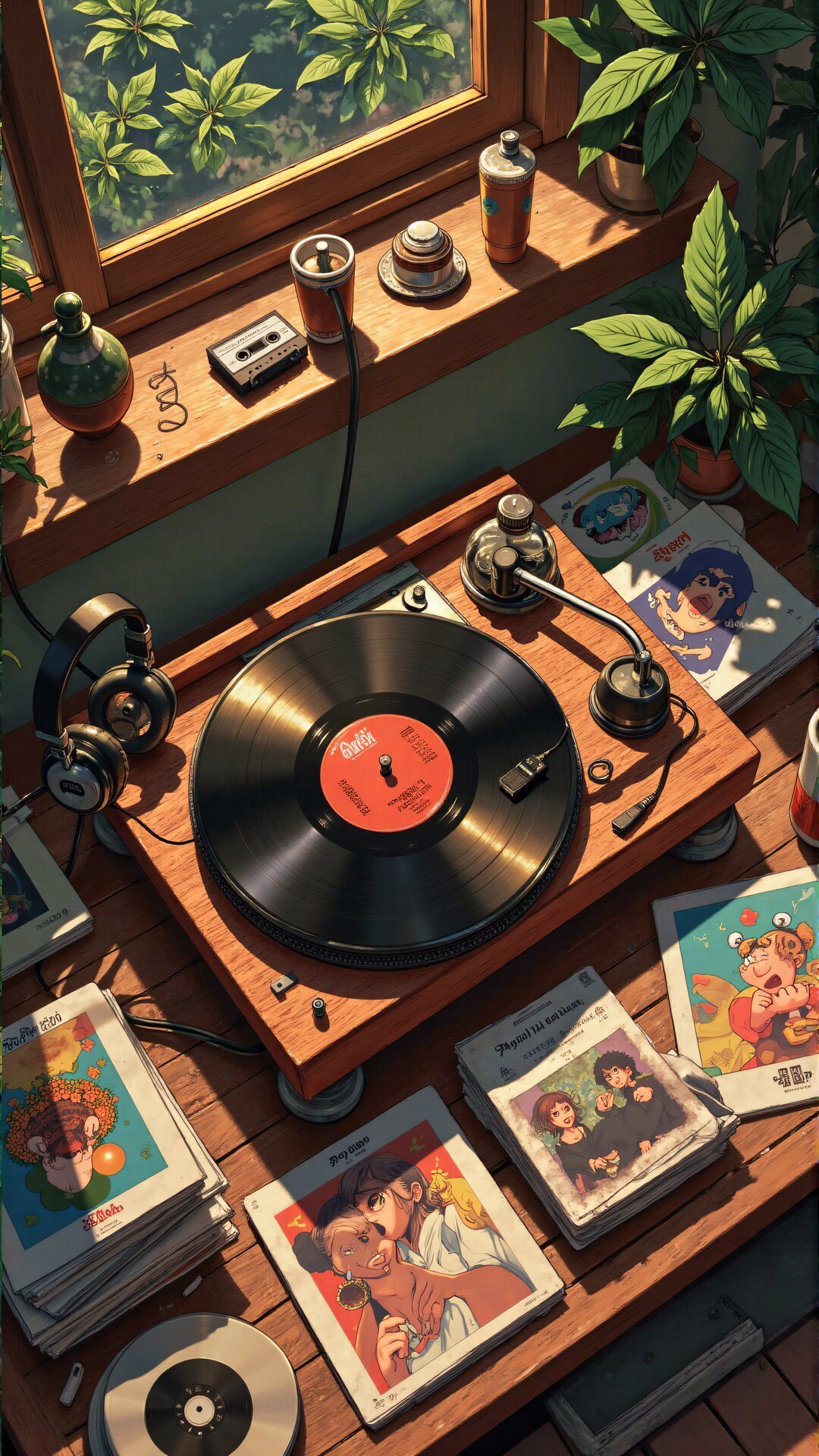 9 Cute Wallpapers for iPhone That Stay Good Past Lock 7 A vintage record player surrounded by retro anime records and green plants in sunlight.
