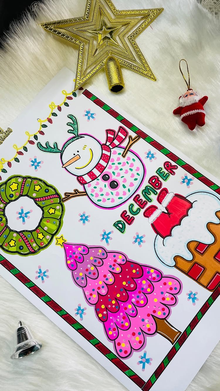 10 December Coloring Pages for Cozy Winter Days 5 A colorful Christmas-themed coloring sheet featuring a snowman, tree, wreath, and gingerbread house on white fur.