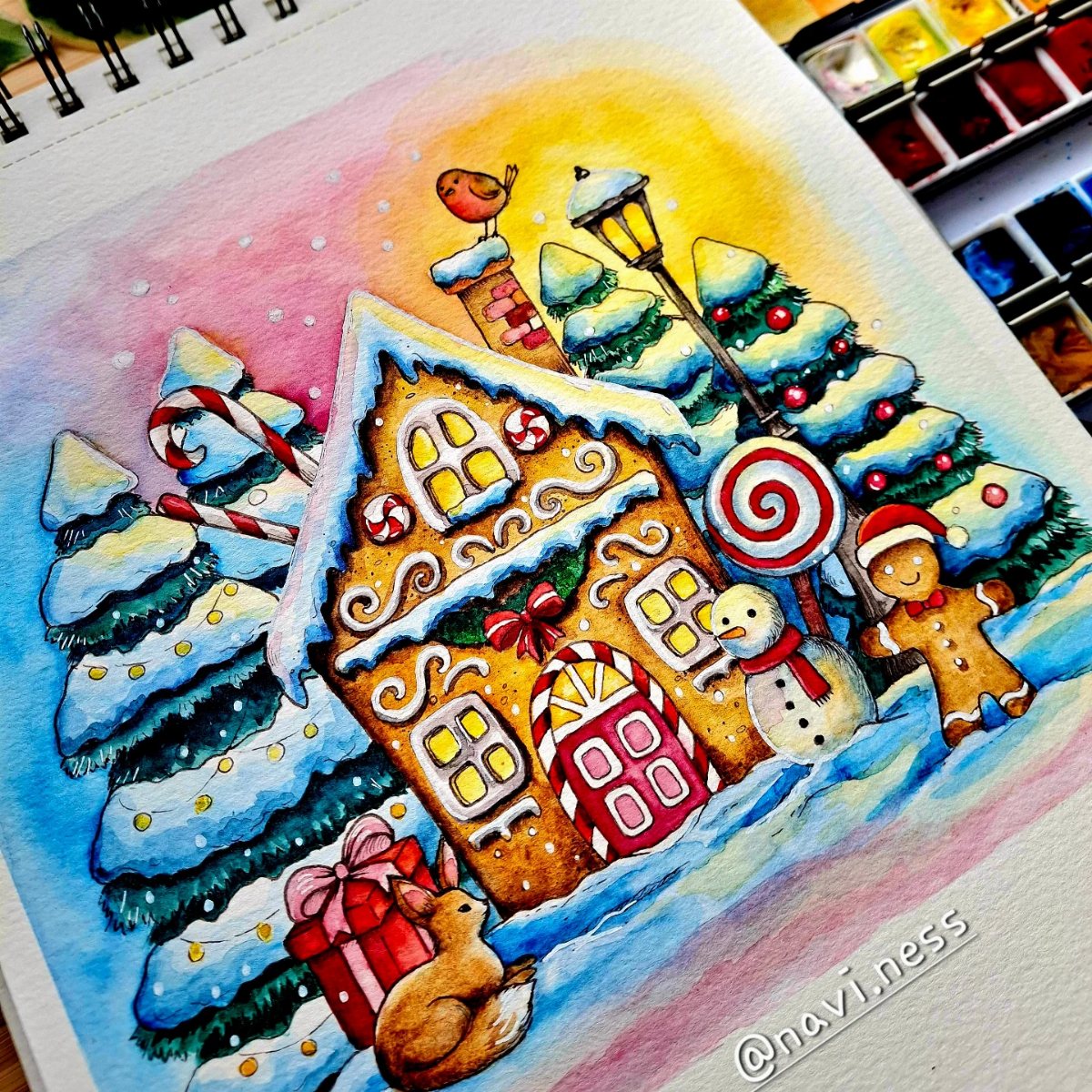 10 December Coloring Pages for Cozy Winter Days 6 Watercolor illustration of a decorated gingerbread house surrounded by snowy trees, a snowman, and a gingerbread man.