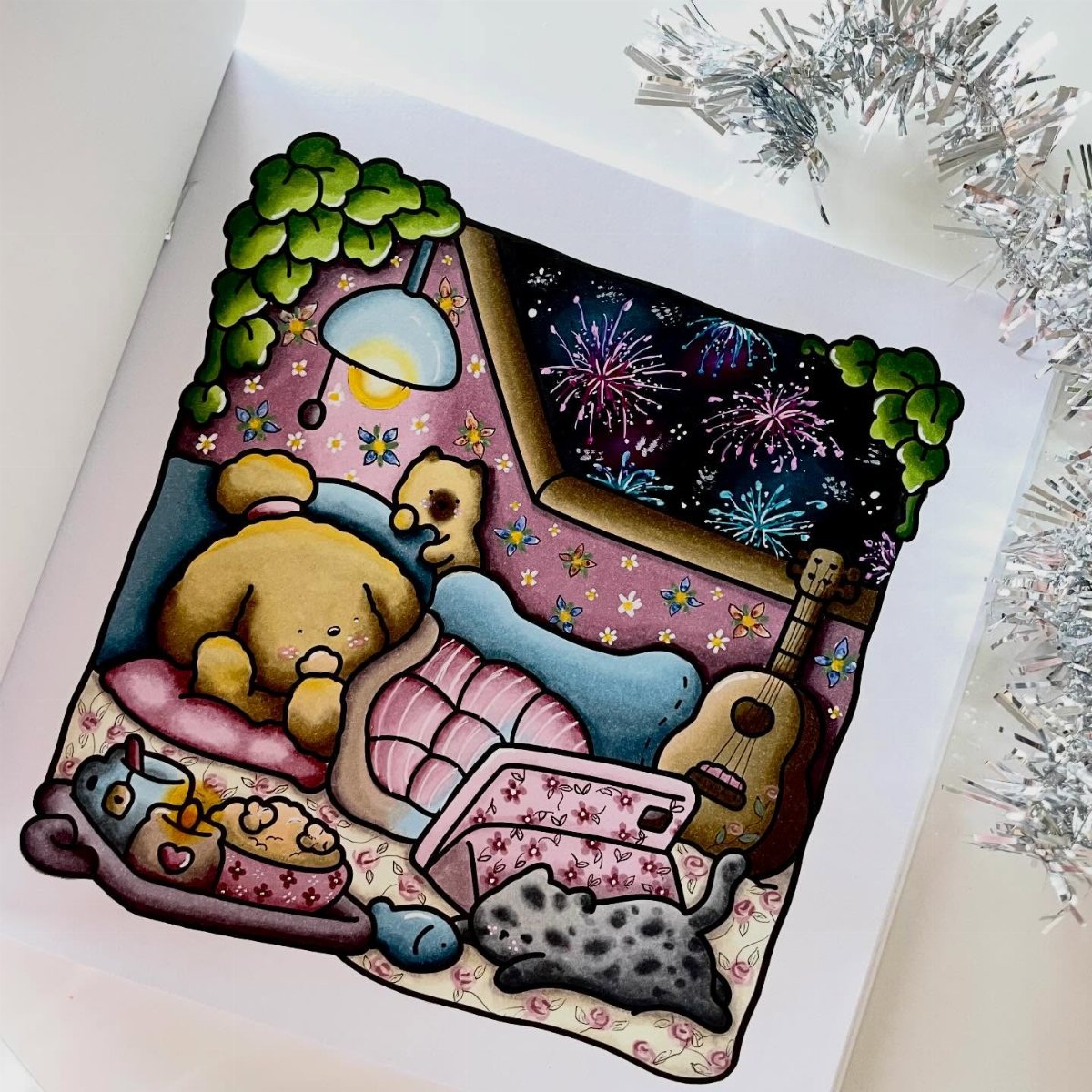 10 December Coloring Pages for Cozy Winter Days 7 Colored illustration of a cozy bedroom with a sleeping bear and fireworks in the night sky.
