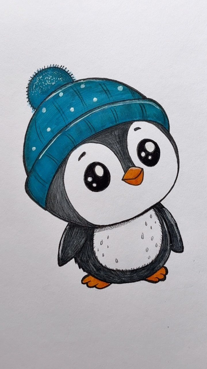10 December Coloring Pages for Cozy Winter Days 4 A cute hand-drawn penguin wearing a blue polka-dot winter hat on a white background.