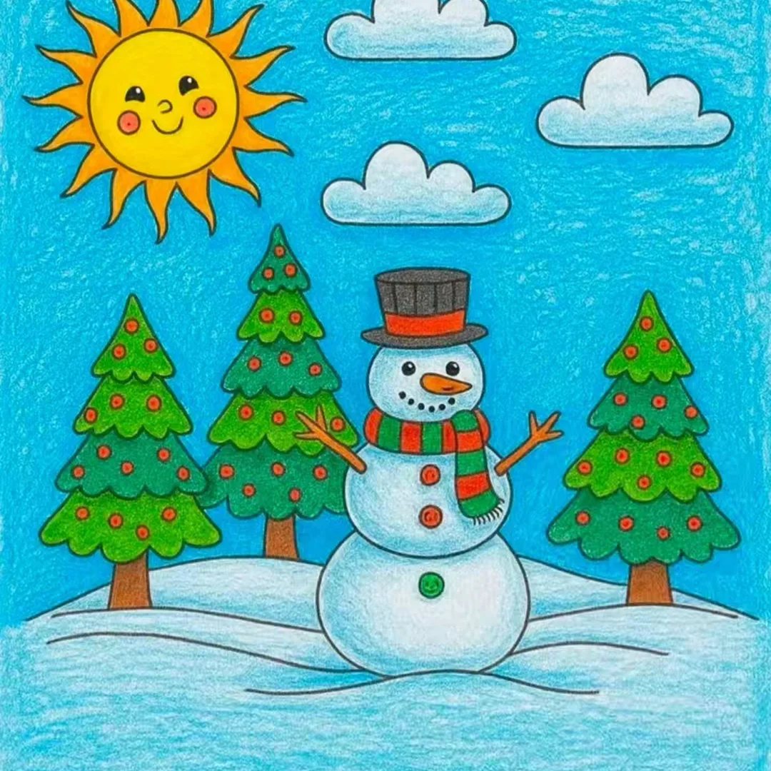 10 December Coloring Pages for Cozy Winter Days 1 A colored drawing of a snowman in a snowy landscape with pine trees and a smiling sun.