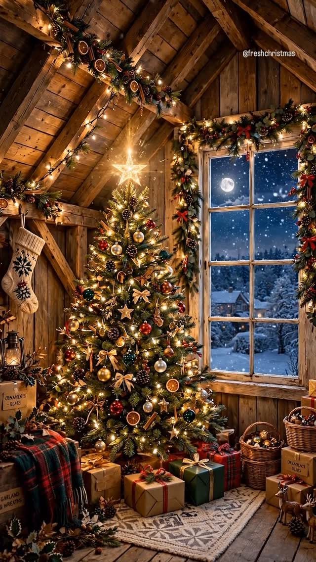 6 December Wallpaper for iPhone Ideas Beyond Basic Red 3 Decorated Christmas tree with glowing lights inside a cozy wooden cabin near a snowy window.
