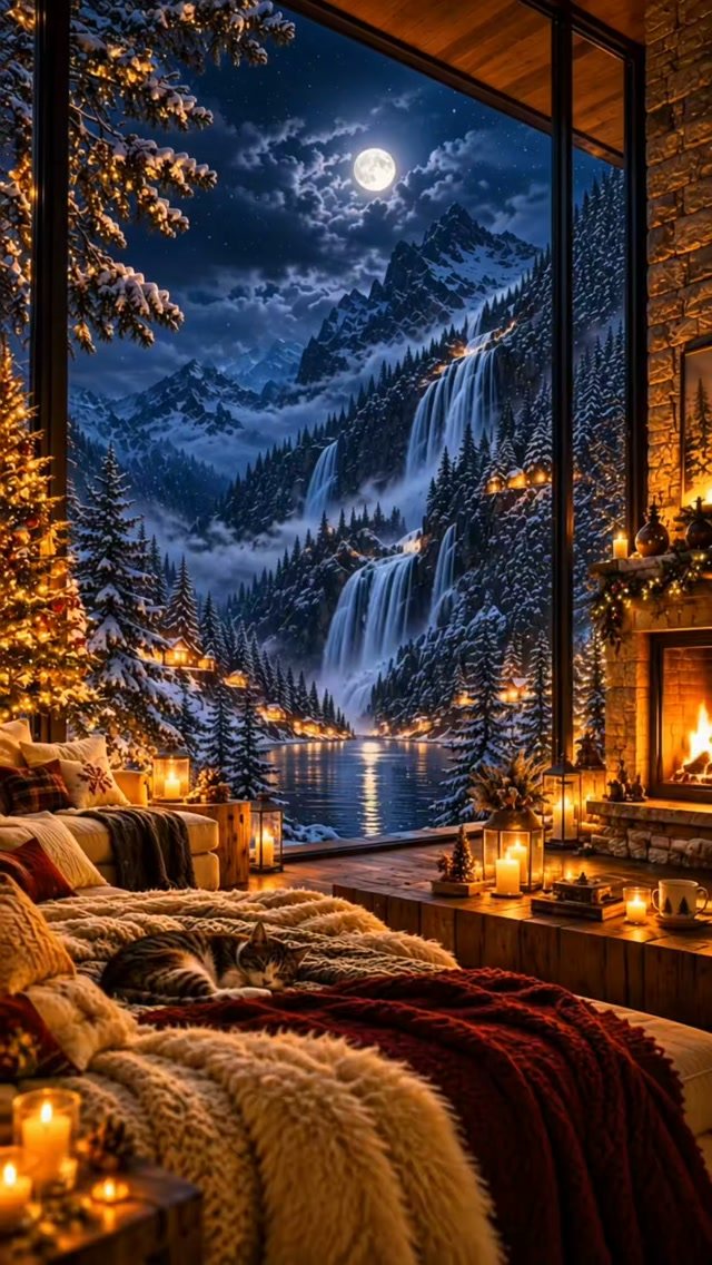 6 December Wallpaper for iPhone Ideas Beyond Basic Red 4 A cozy room with a fireplace and sleeping cat overlooking a snowy mountain waterfall landscape.