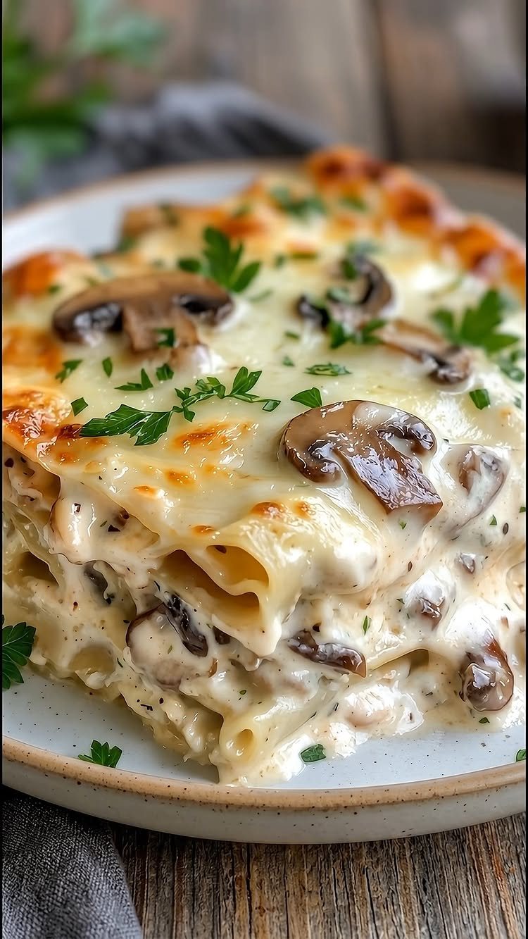 28 Easy Christmas Eve Dinner Ideas: From Slow Cooker Ham to Wreath Pizza 2 Creamy mushroom lasagna with melted cheese and fresh parsley on a ceramic plate.