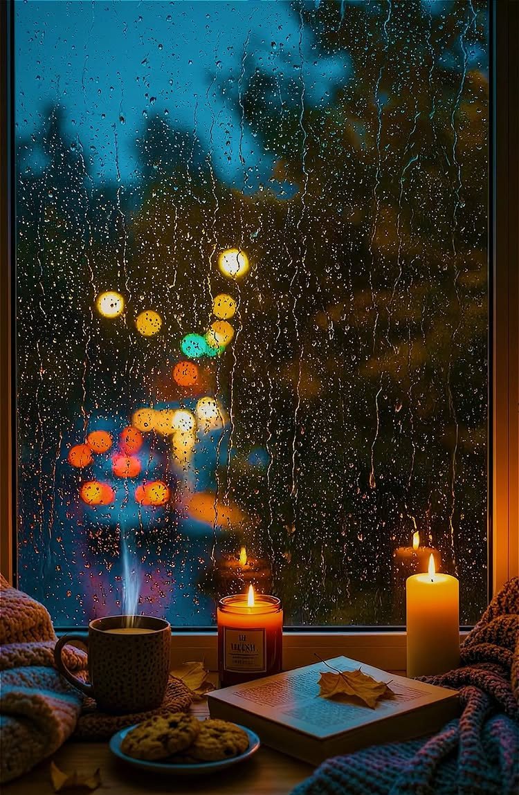 10 Free Fall Phone Backgrounds for Screen Style 1 Steaming coffee mug, lit candles, and cookies on a windowsill by a rainy window.