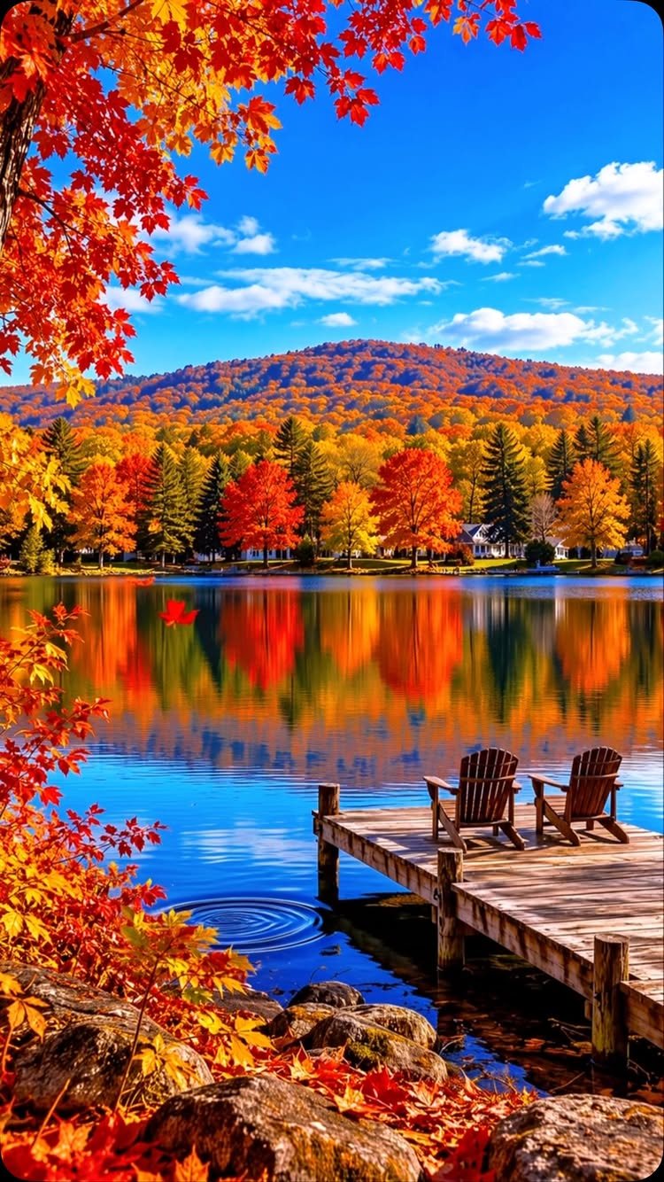 10 Free Fall Phone Backgrounds for Screen Style 10 Colorful autumn trees reflect in a calm lake near a wooden dock with two chairs.