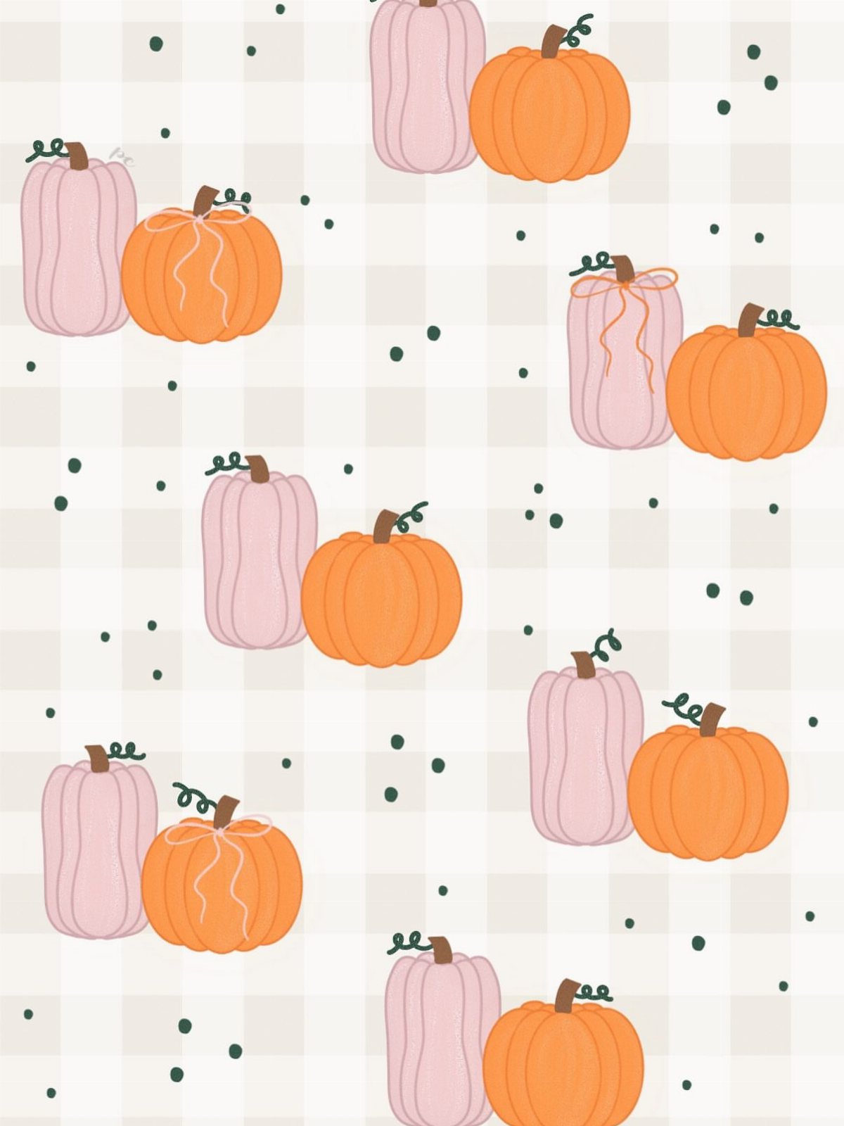 10 Free Fall Phone Backgrounds for Screen Style 8 Pink and orange pumpkins arranged in a pattern on a beige checkered background.