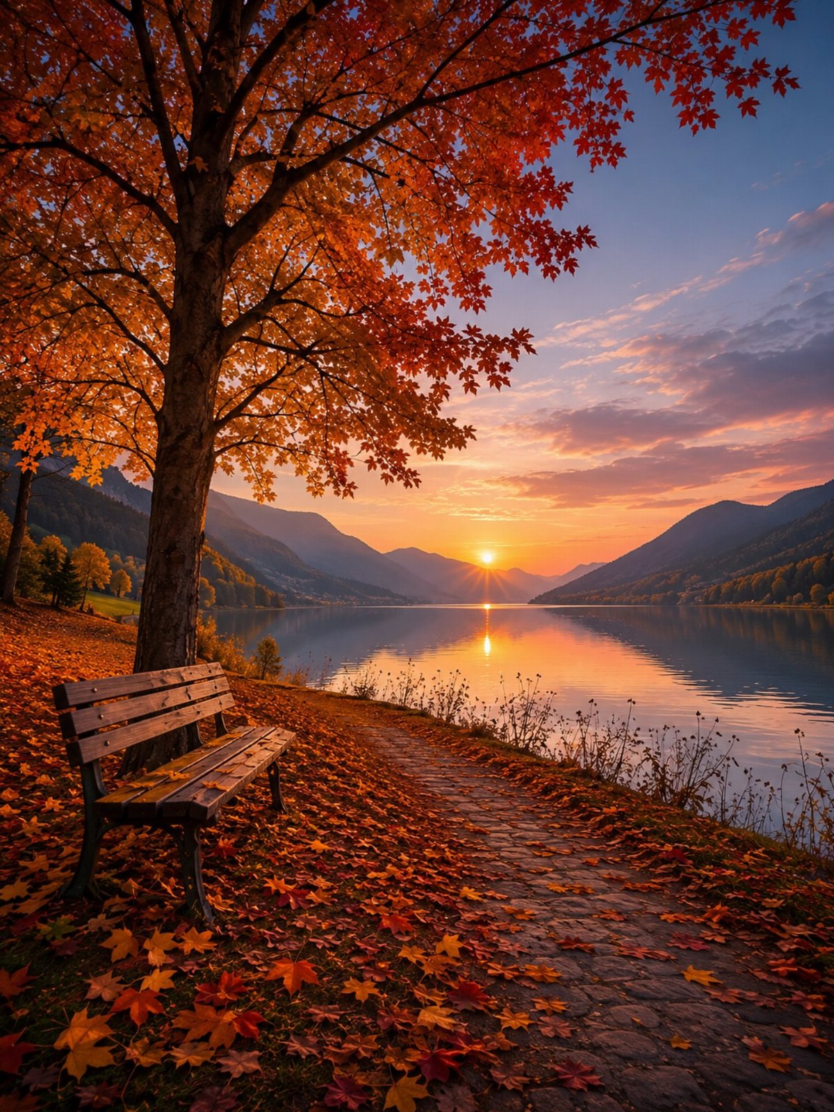 10 Free Fall Phone Backgrounds for Screen Style 3 A wooden bench under an orange autumn tree beside a lake at sunset.