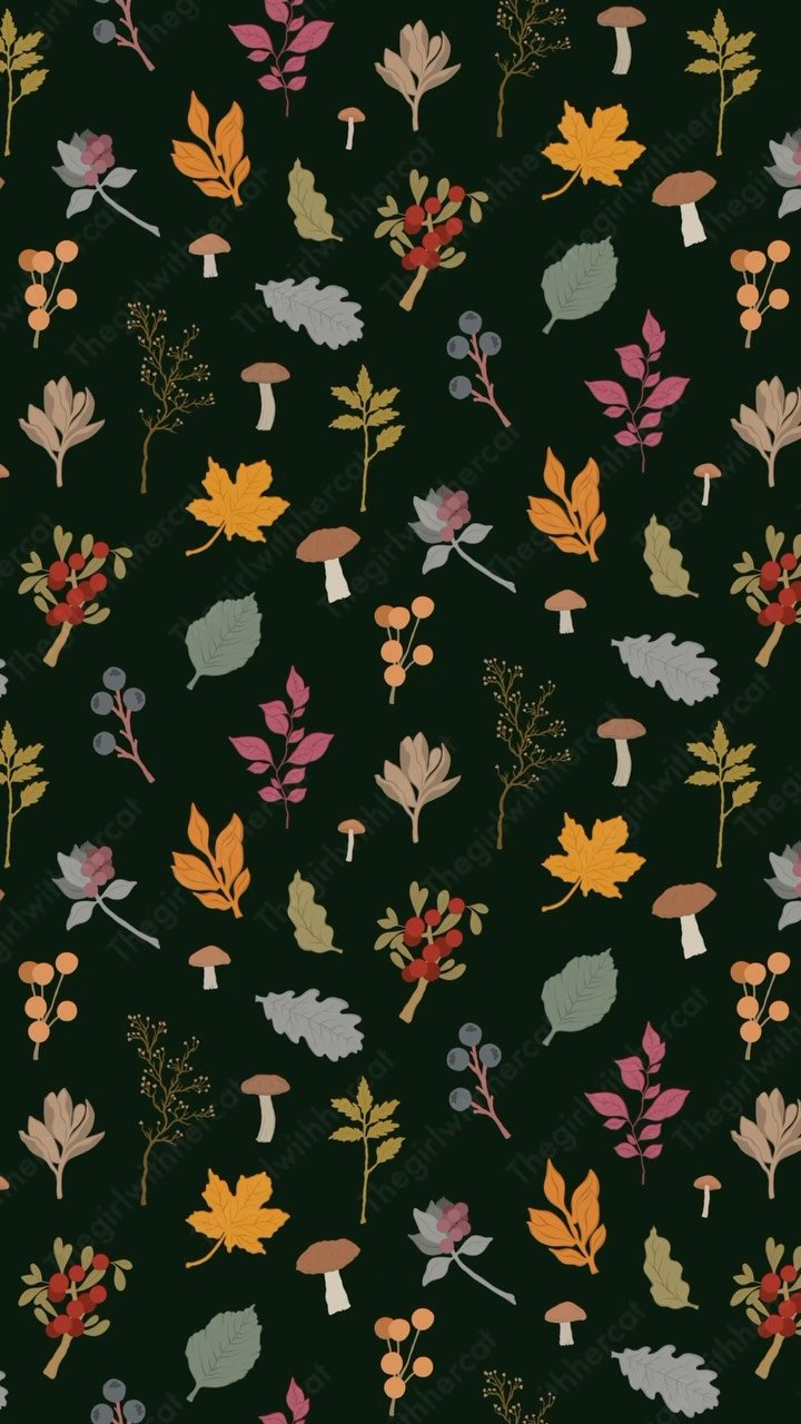 10 Free Fall Phone Backgrounds for Screen Style 5 Hand-drawn autumn leaves, mushrooms, and berries in warm tones on a dark green background.