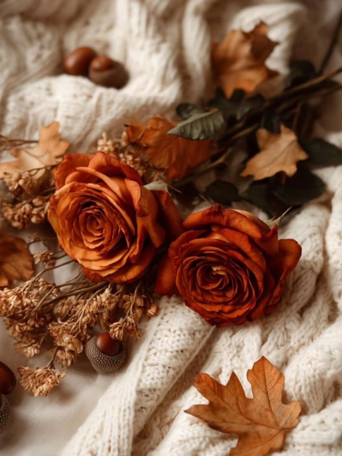 10 Free Fall Phone Backgrounds for Screen Style 6 Two orange roses resting on a white knit blanket with autumn leaves and acorns.