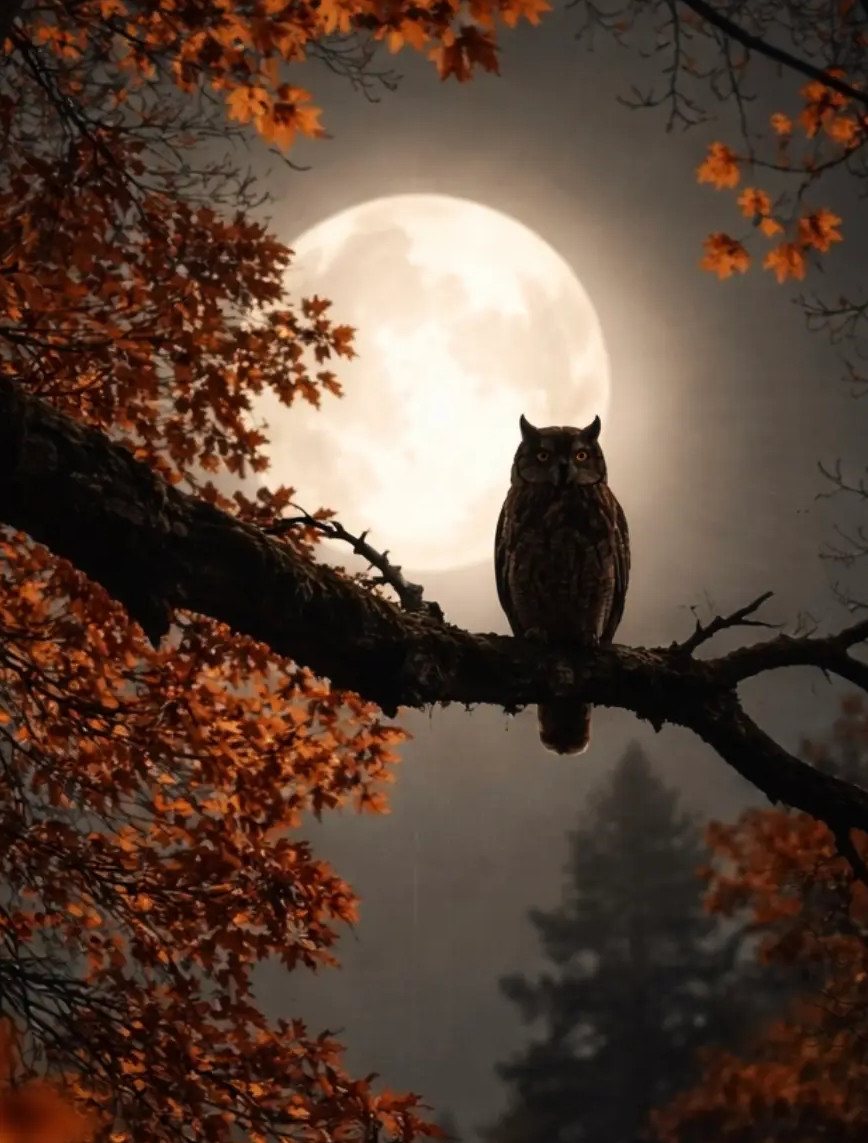 10 Free Fall Phone Backgrounds for Screen Style 4 An owl perched on a branch silhouetted against a large full moon and autumn leaves.