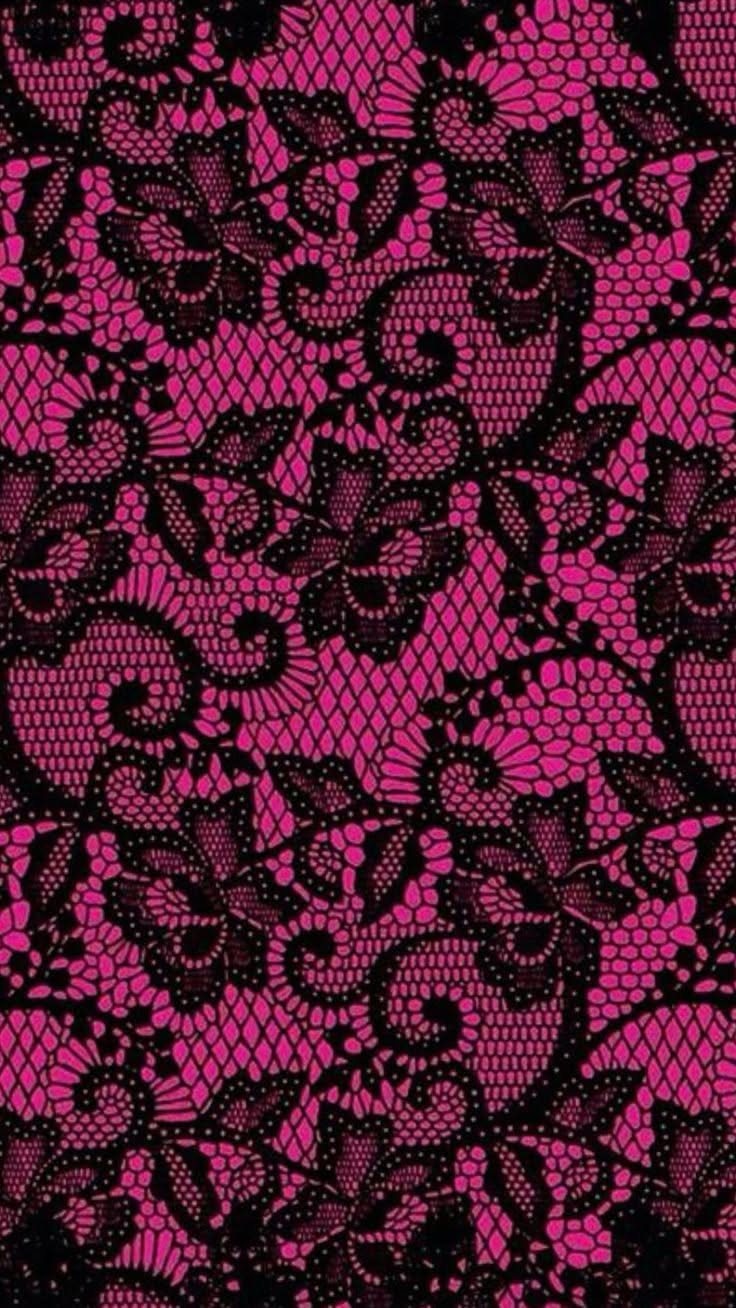 9 Hot Pink Background Ideas for Phones and Walls 8 Black lace floral pattern overlaying a bright hot pink textured background.