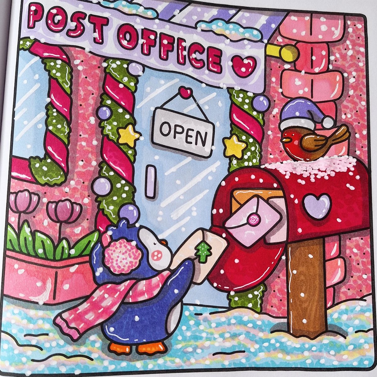 A cute penguin in winter clothes mailing a letter at a snowy post office.