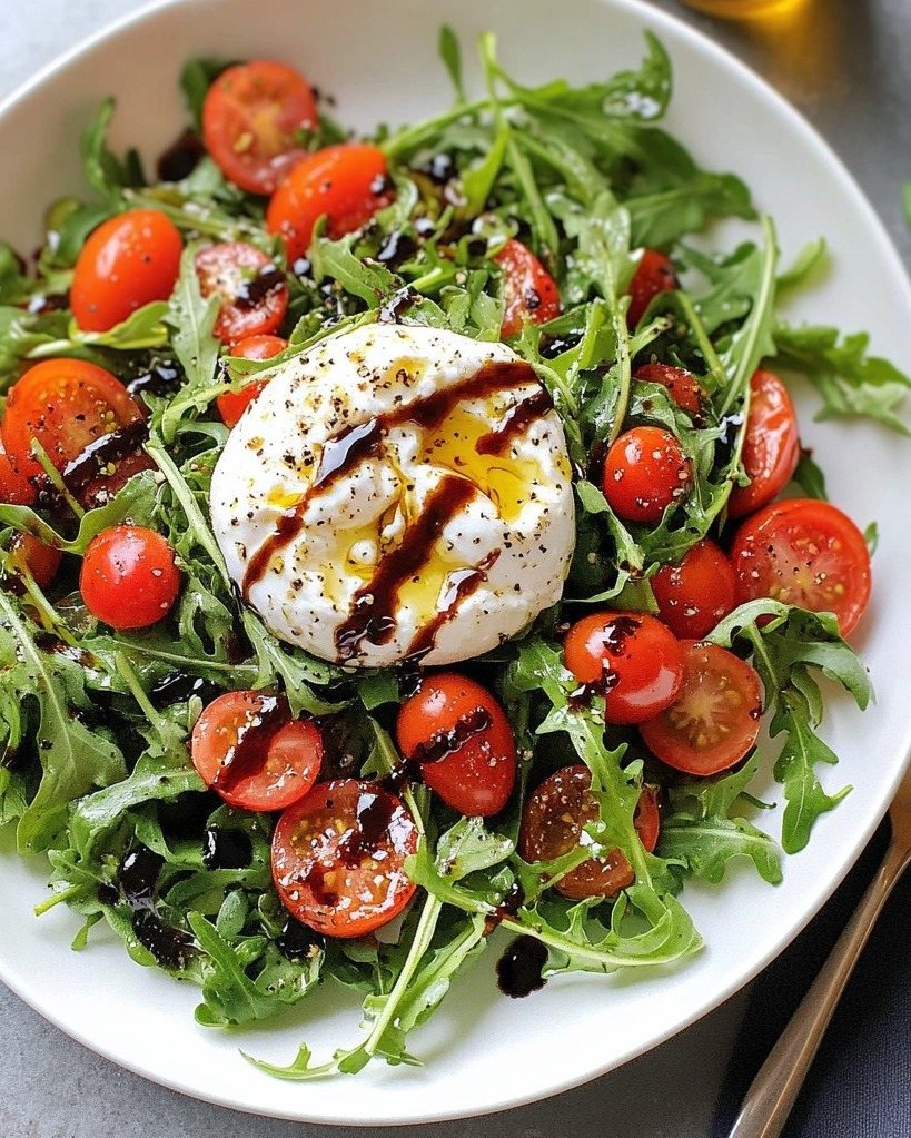 Arugula salad with cherry tomatoes and a large ball of creamy burrata cheese topped with balsamic glaze.