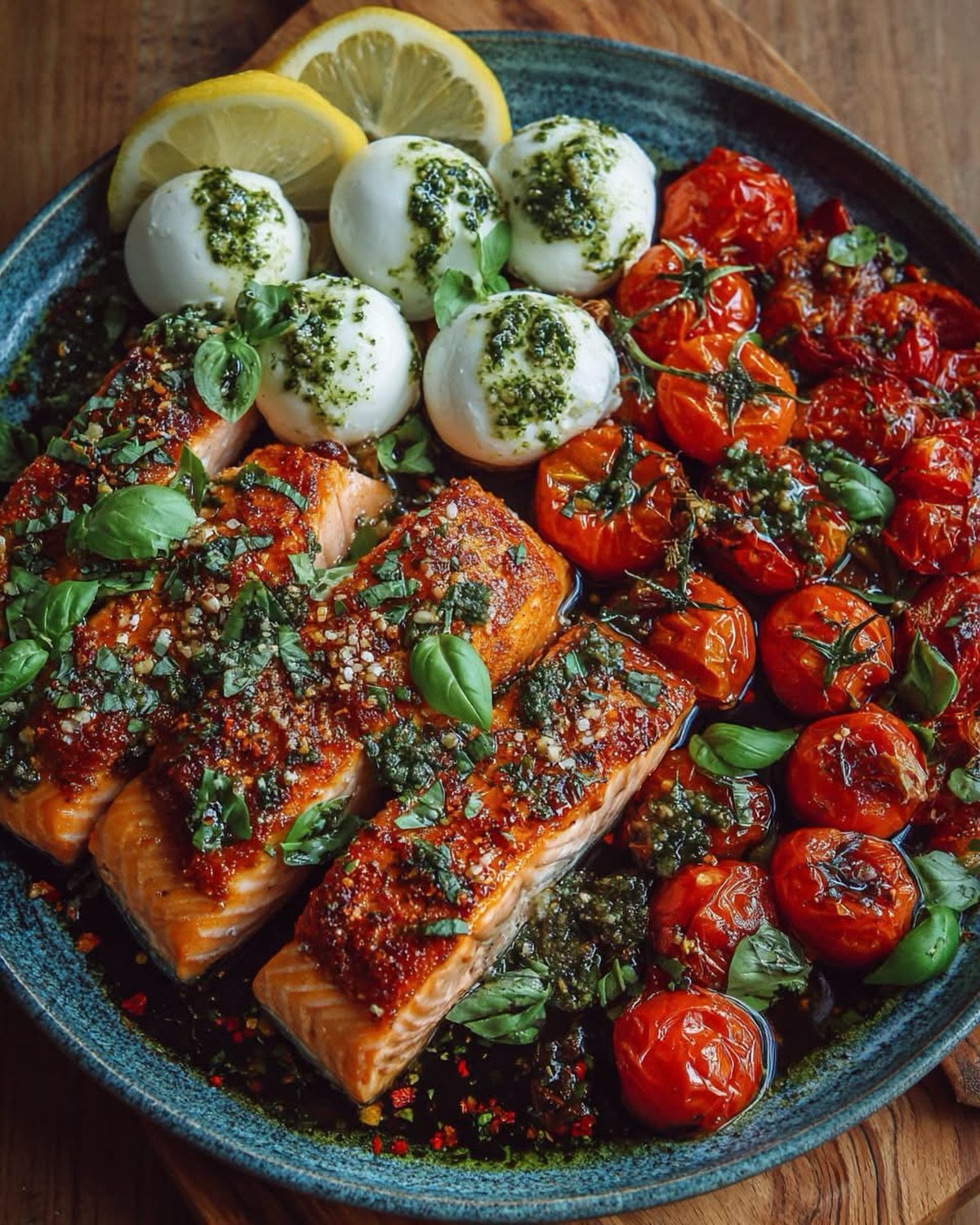 Roasted salmon fillets with herbs, cherry tomatoes, and mozzarella balls in a blue pan.
