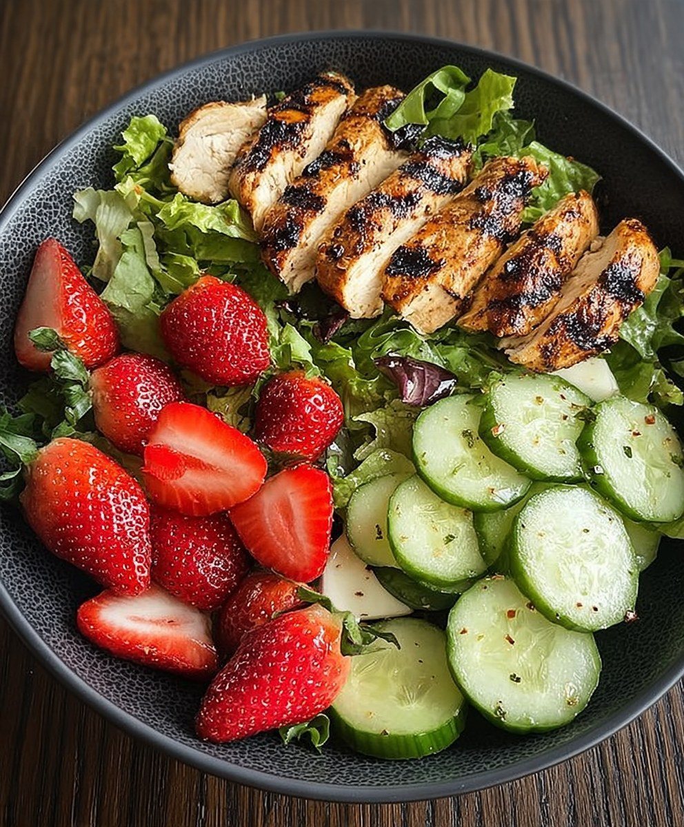 Grilled chicken strips, sliced strawberries, and cucumber slices served in a dark bowl on lettuce.