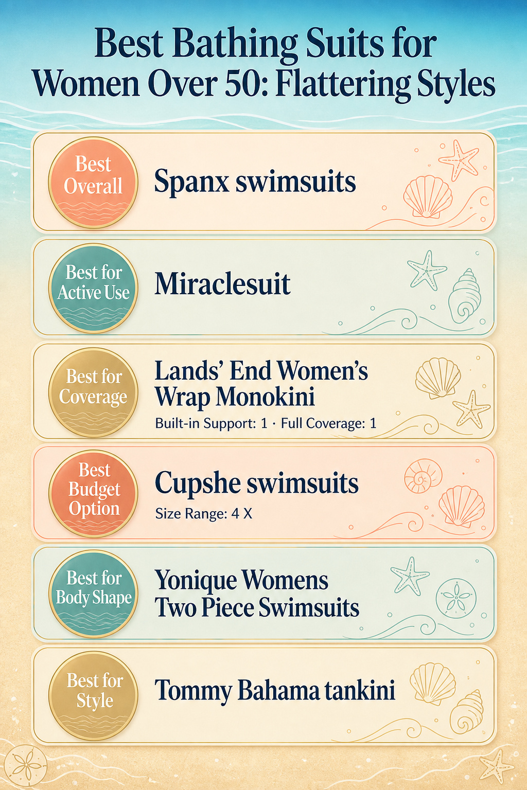 Comparison infographic showing different bathing suits for women over 50