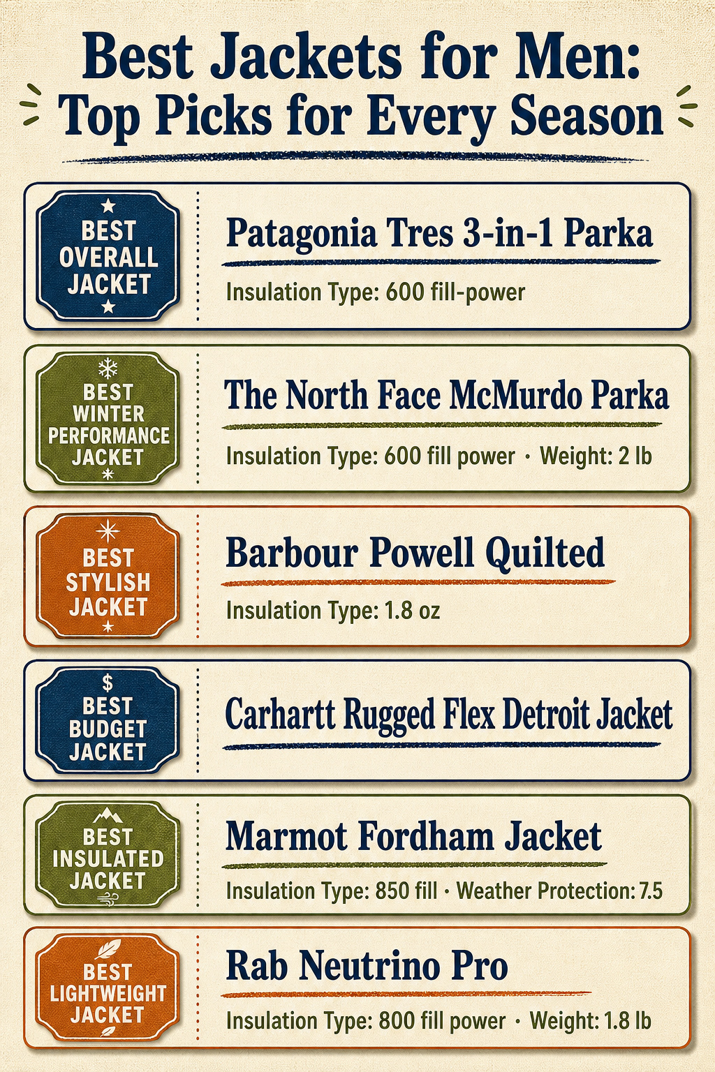 Best Jackets for Men: 10 Top Picks for Every Season 12 An infographic comparing various men's jackets with specifications.