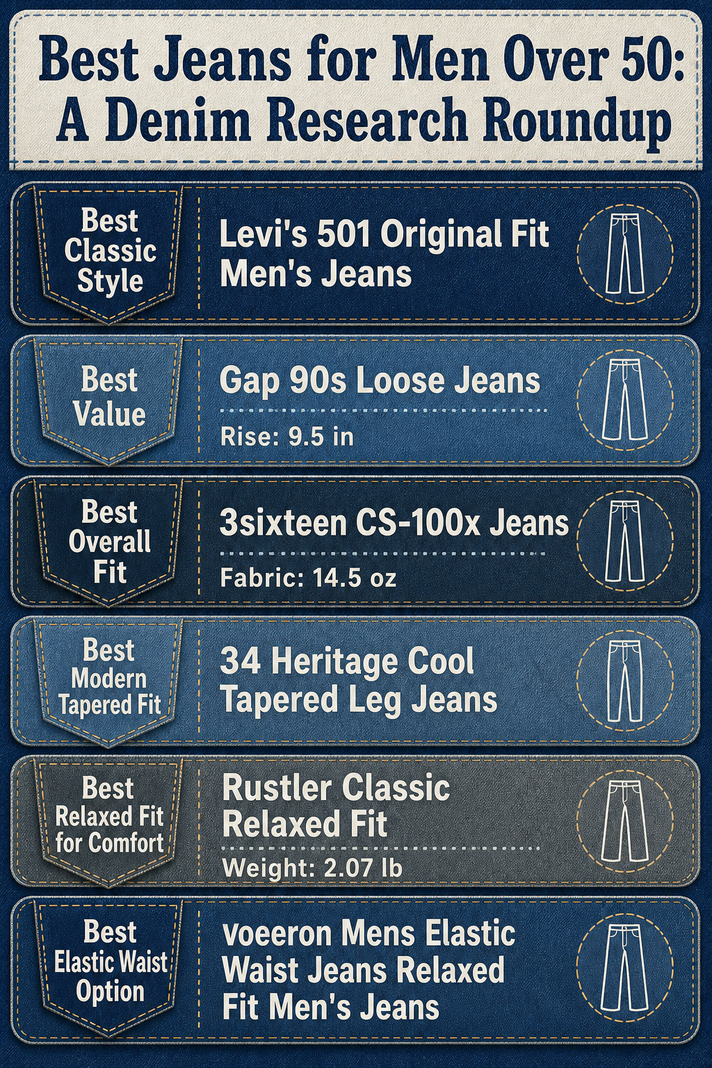 Comparison infographic of different jeans for men over 50