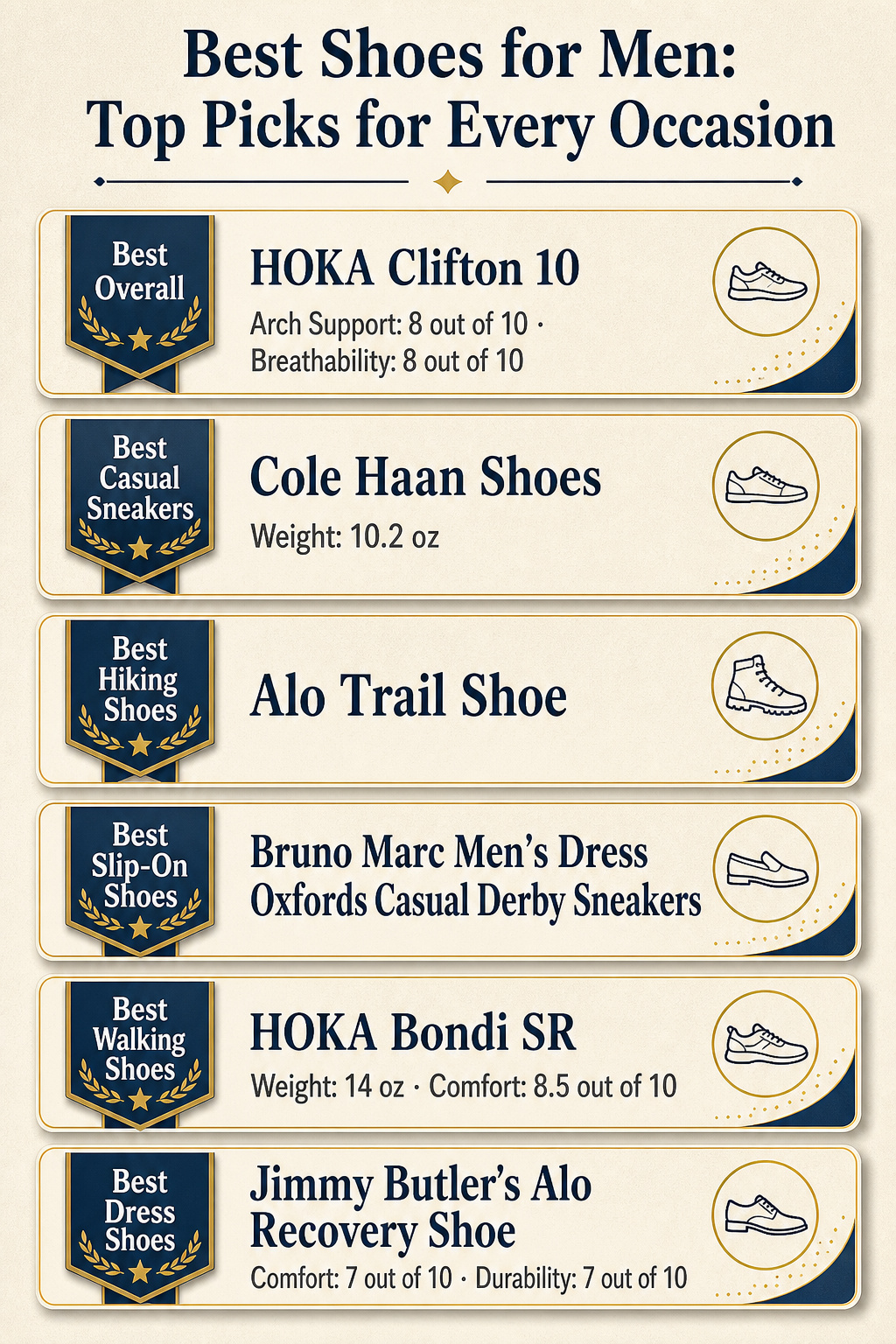 10 Best Shoes for Men: Top Picks for Every Occasion 14 Comparison infographic of top men's shoes with product entries