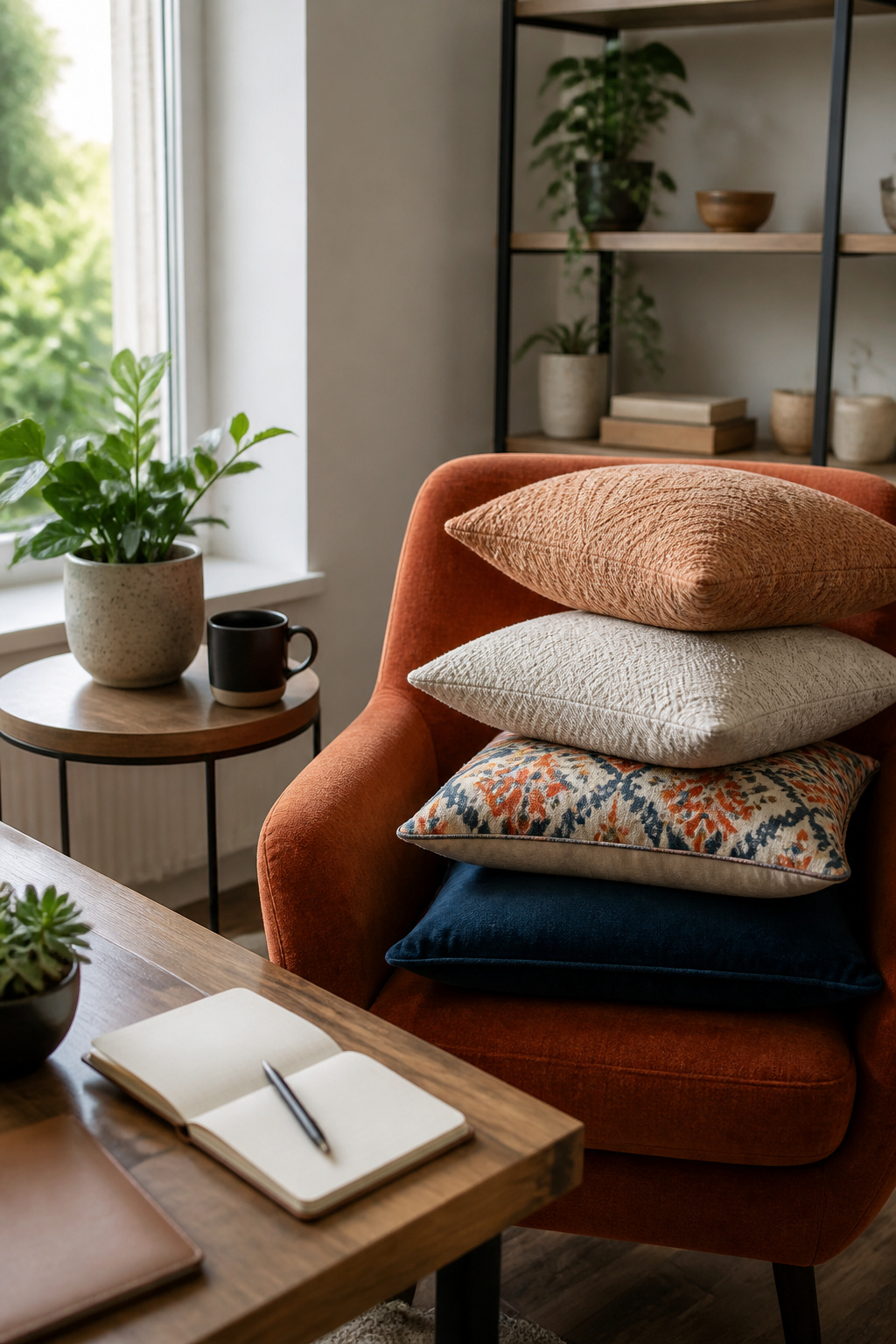 Close-up of a throw pillow made from slubby linen fabric