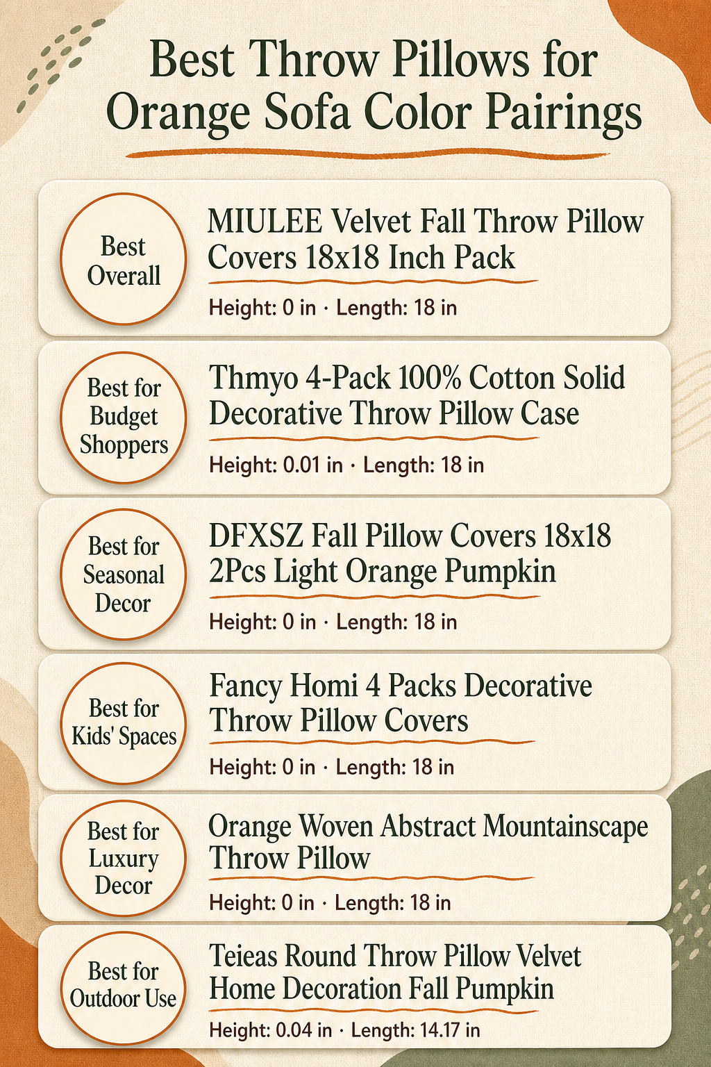Infographic comparing throw pillows for orange sofa color pairings