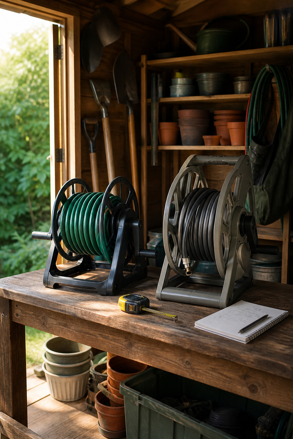 An outdoor storage shed filled with various garden tools and a hose reel.