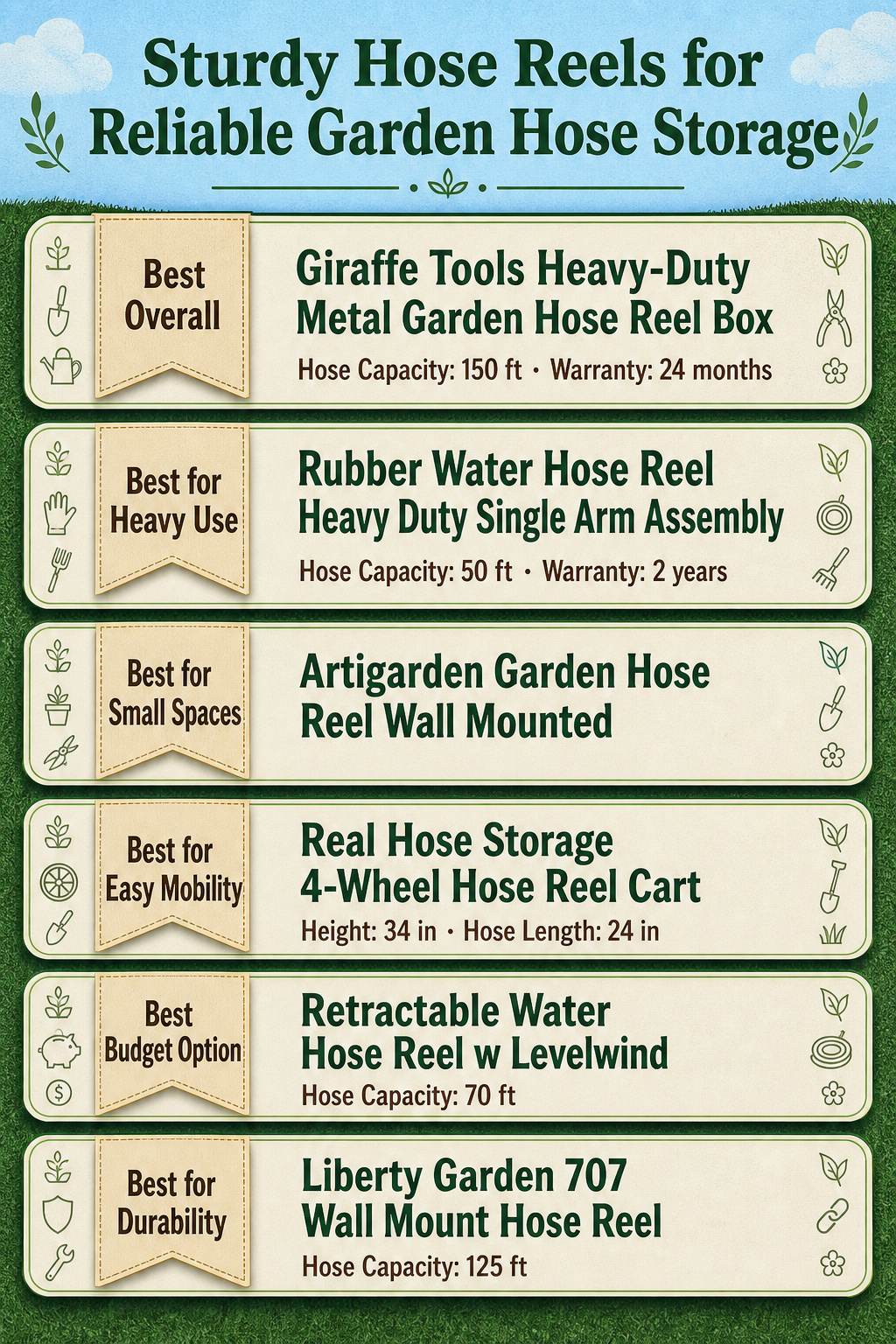 An infographic comparing different hose reels with specifications and features.
