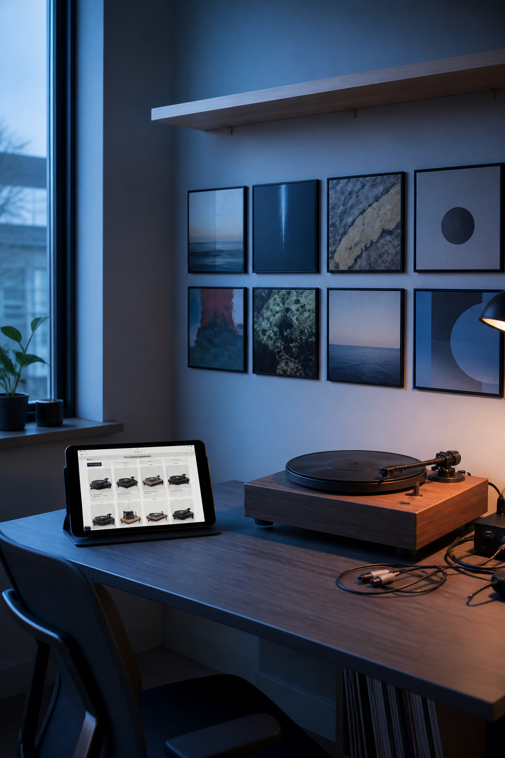 Minimalist home office with a vinyl record player on a desk