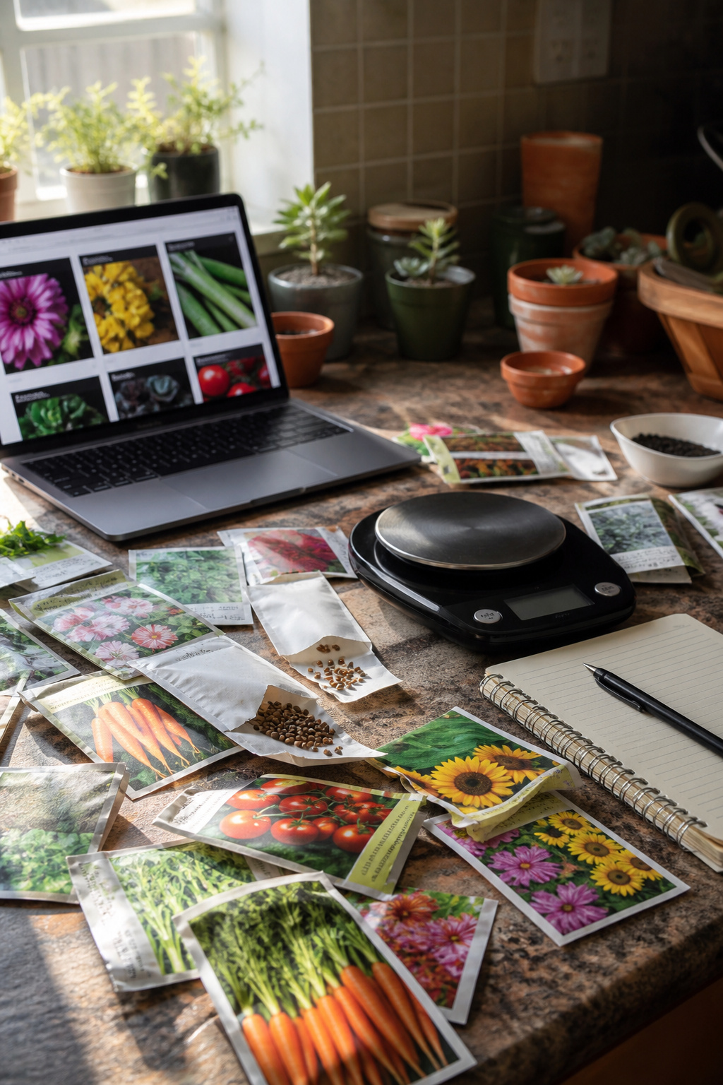 Cluttered workspace with seed packets and gardening tools.