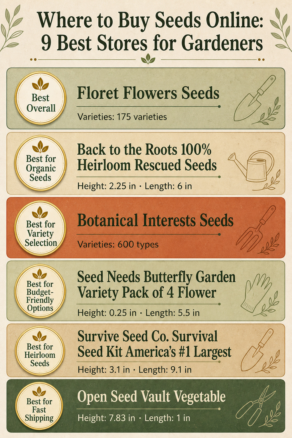 Comparison infographic listing seed stores and their variety counts.