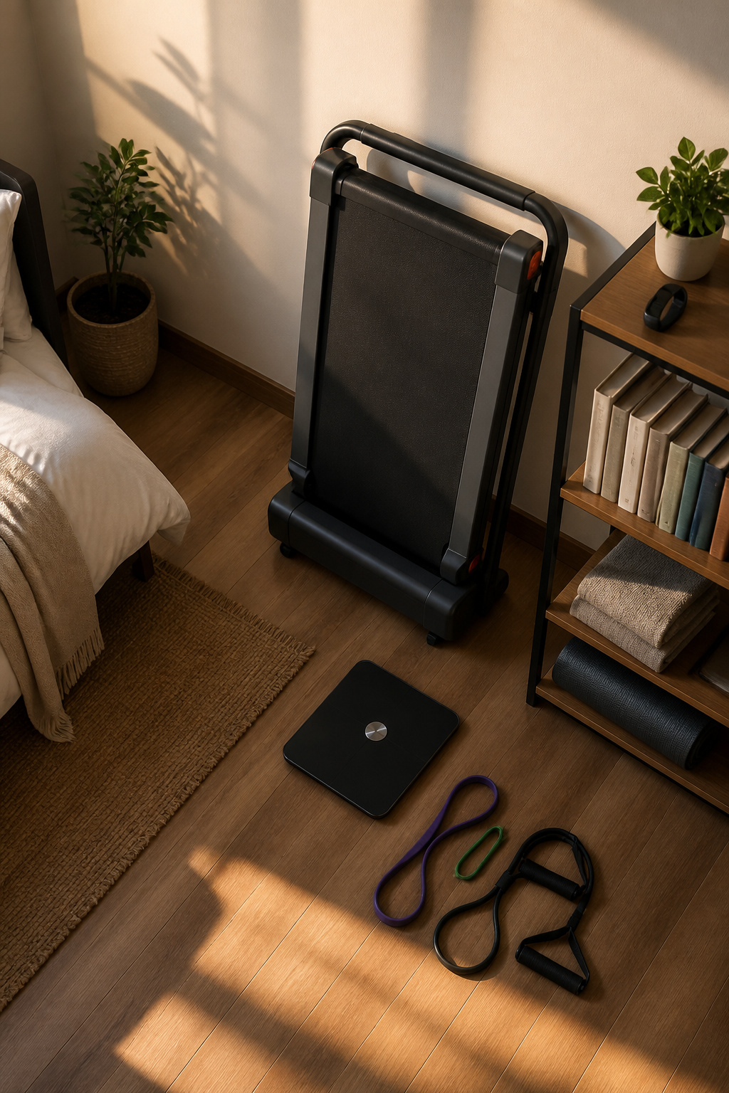 Minimalist setting with a measuring tape next to a foldable treadmill