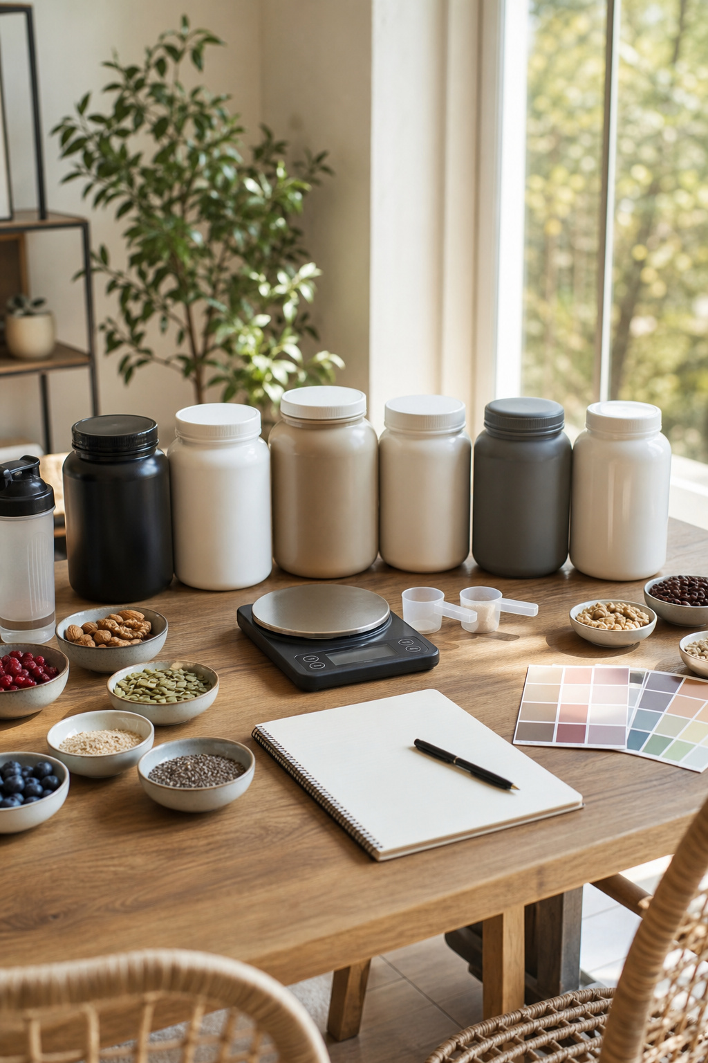 10 Best Protein Powder for Women, Dietitian-Researched 3 Minimalist kitchen with protein powder containers on a countertop