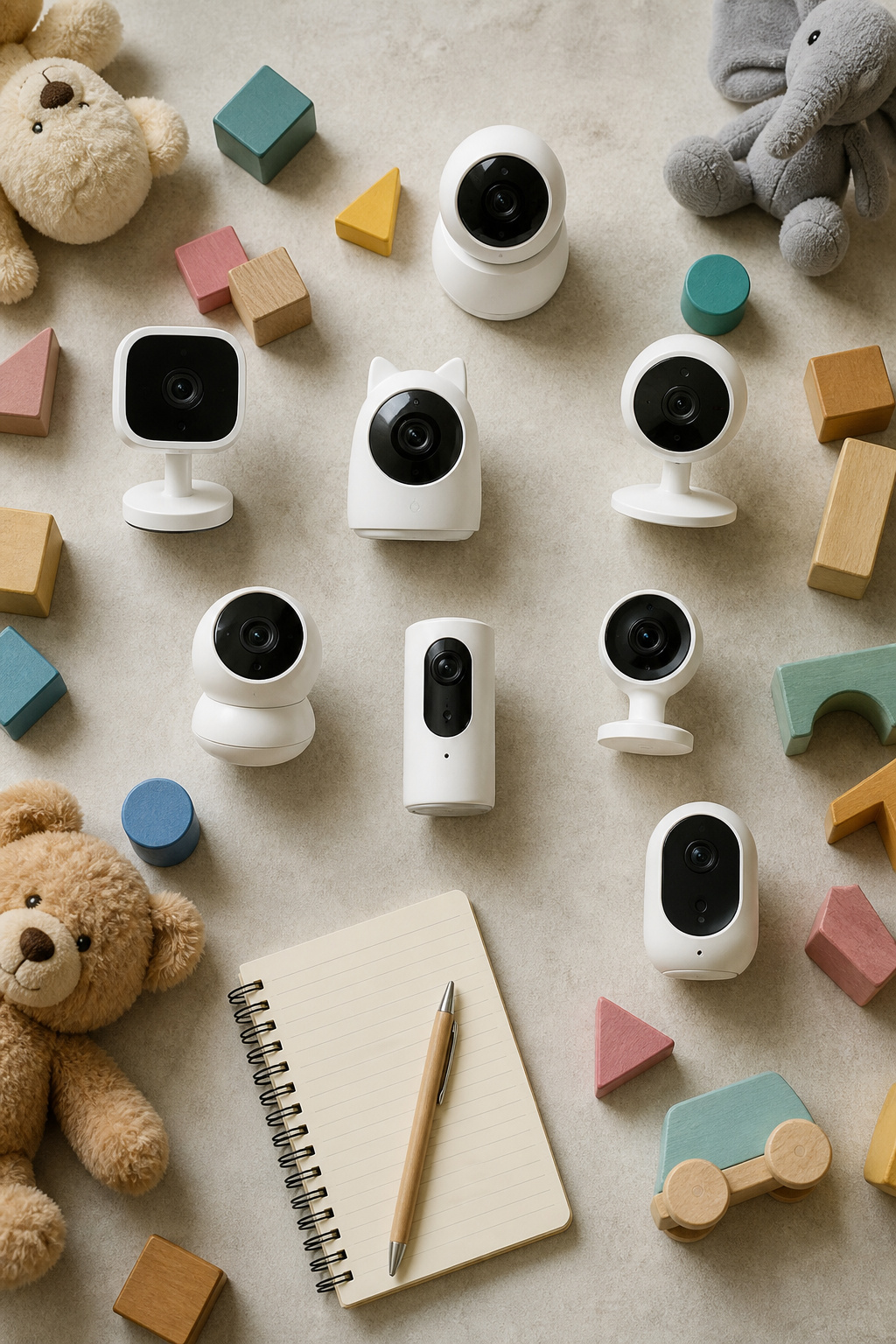 Tabletop scene with a camera, notebook, and colorful toys for buying guide