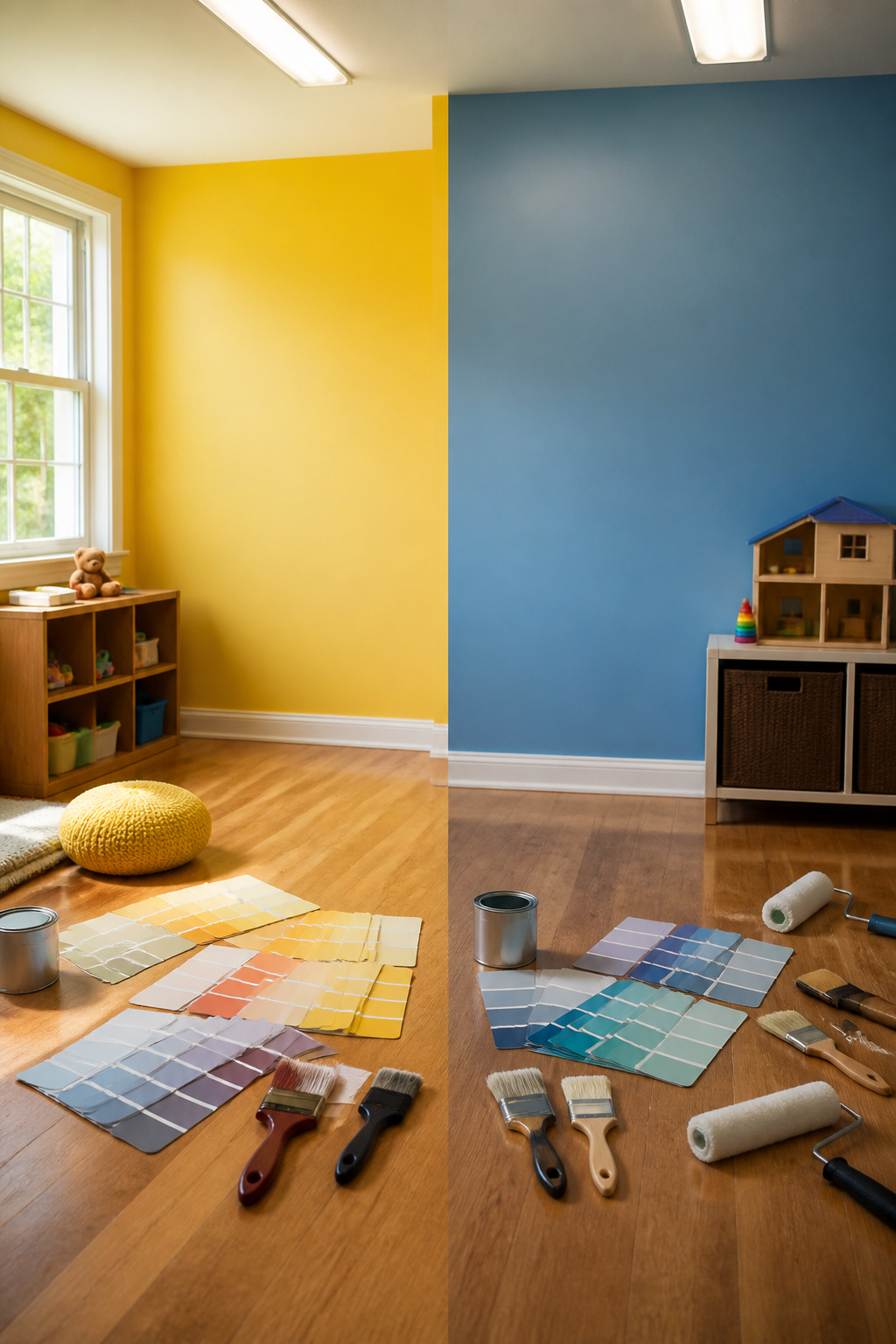 7 Best Playroom Colors for Creative, Happy Kids in 2026 15 Split view of two distinct color palettes for playrooms