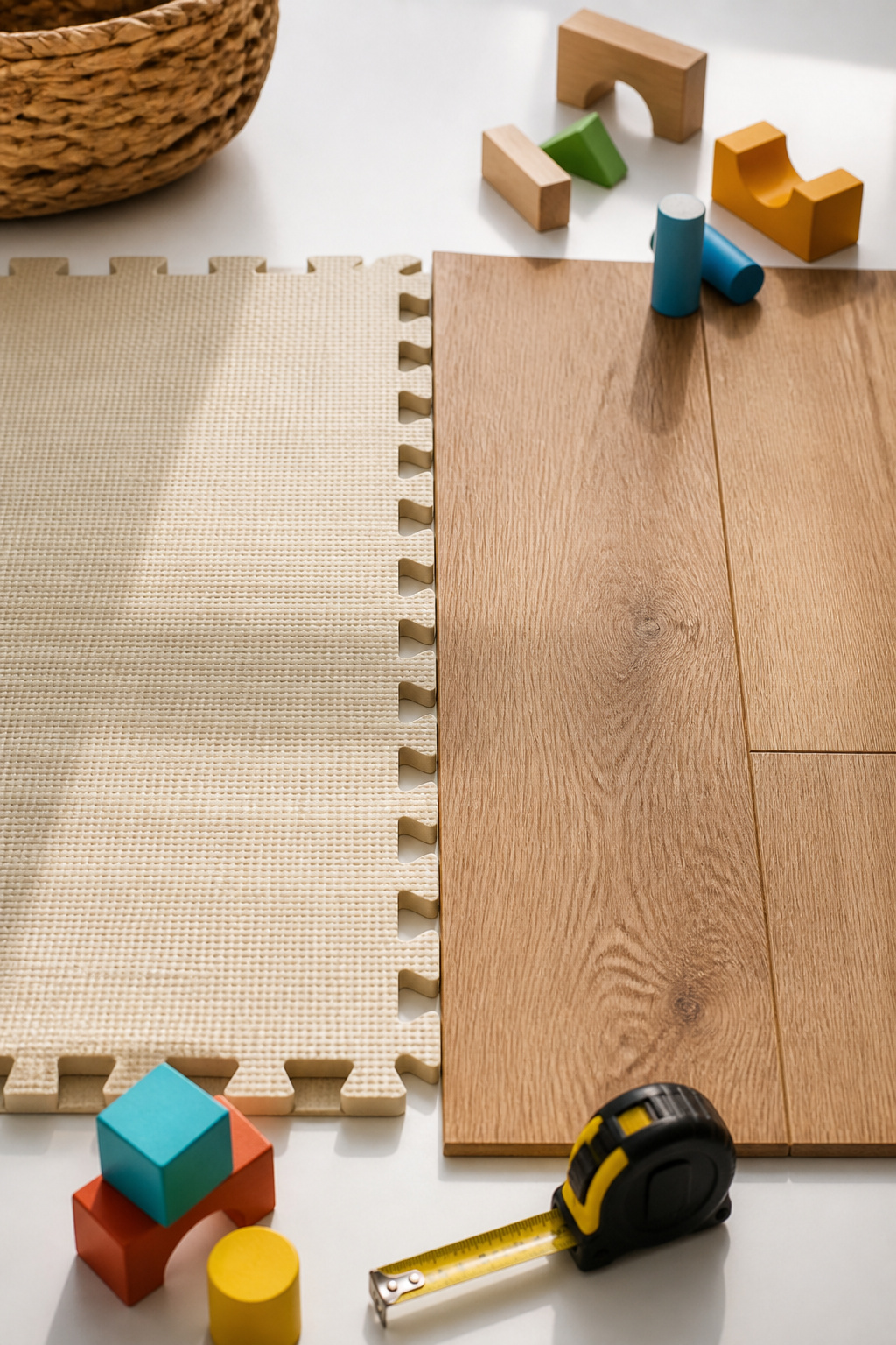 Split view of two different flooring materials for playrooms.