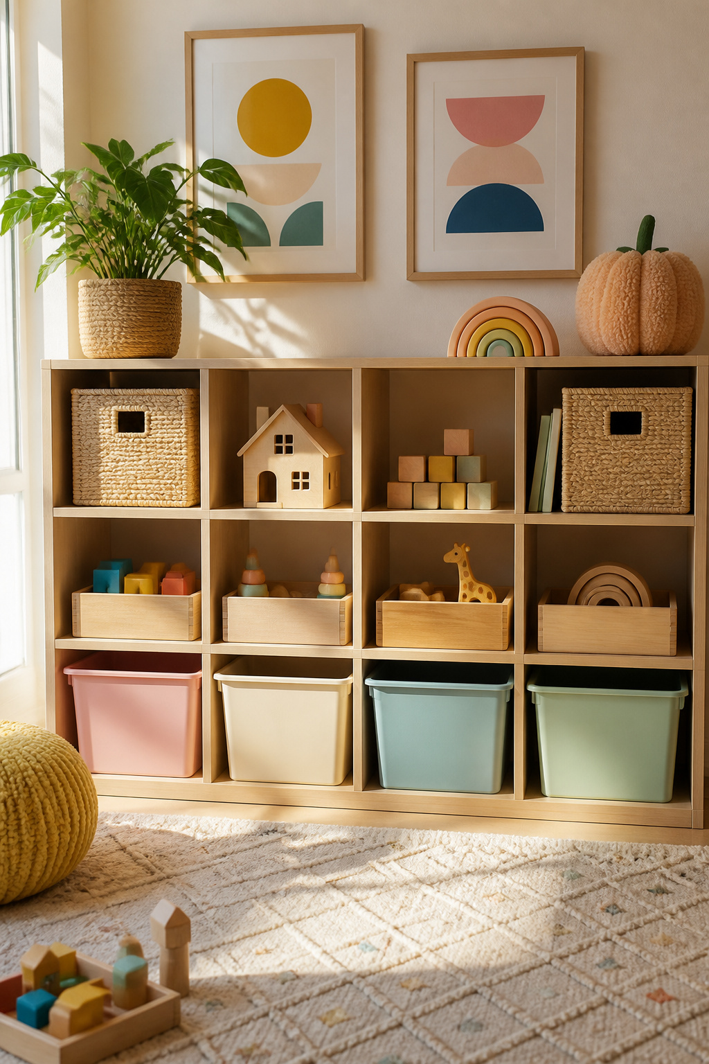 A well-organized corner of a playroom with neatly arranged storage bins