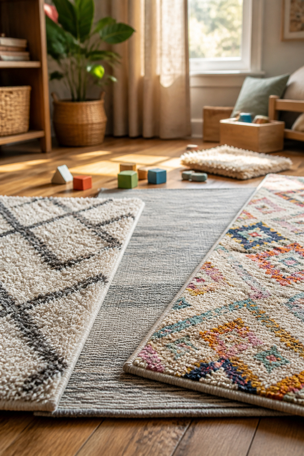 Close-up of three different rugs with various textures and colors.