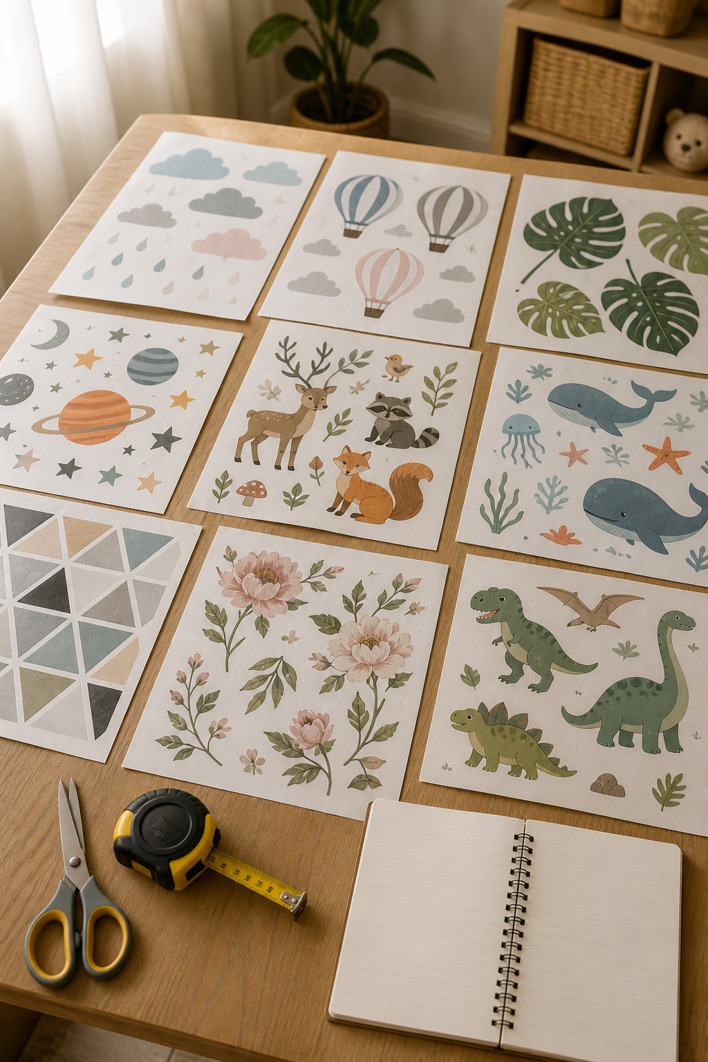 Organized display of wall decals with safety ratings and features