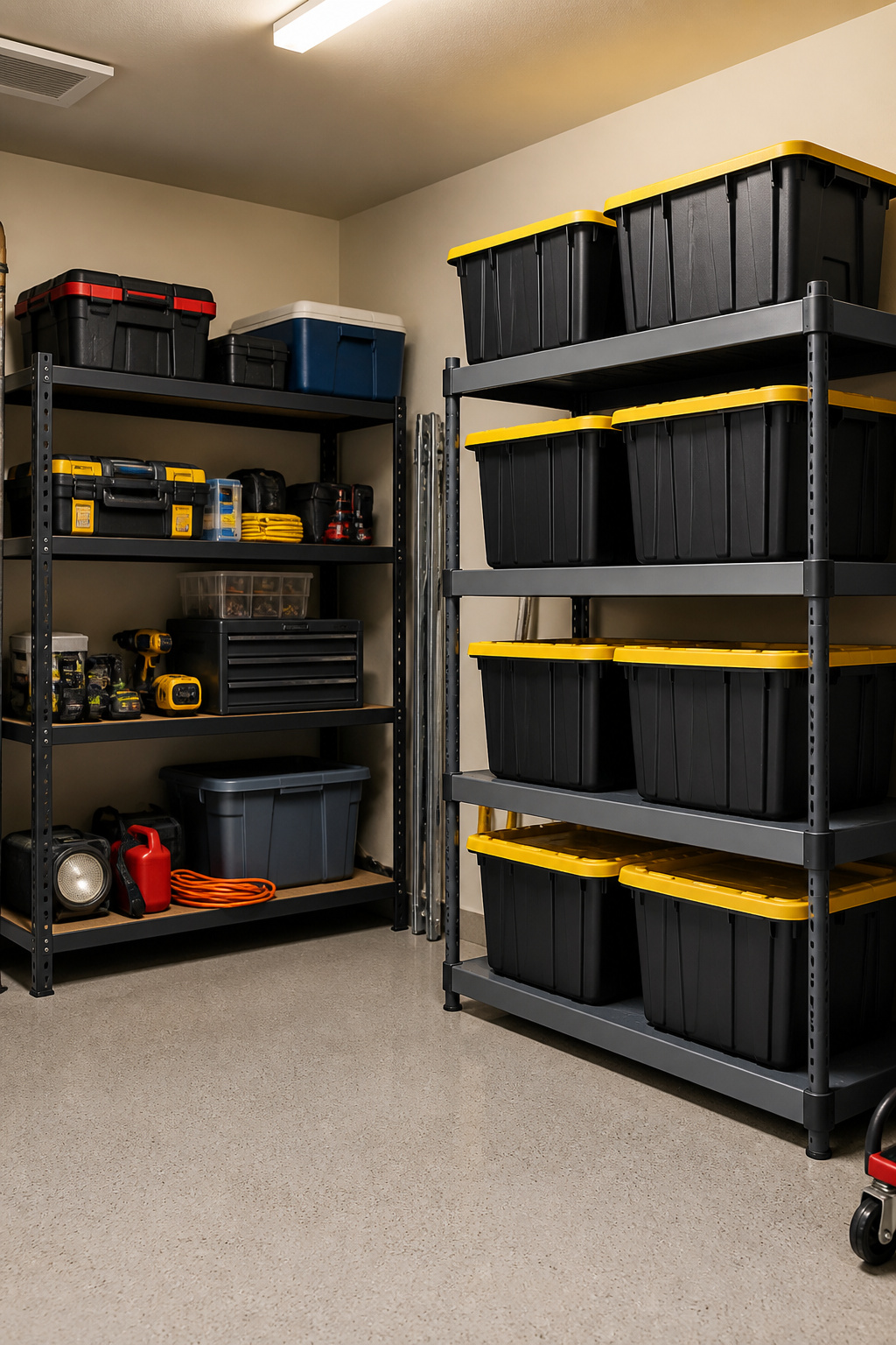 Organized corner of a garage with neatly arranged shelves and tools