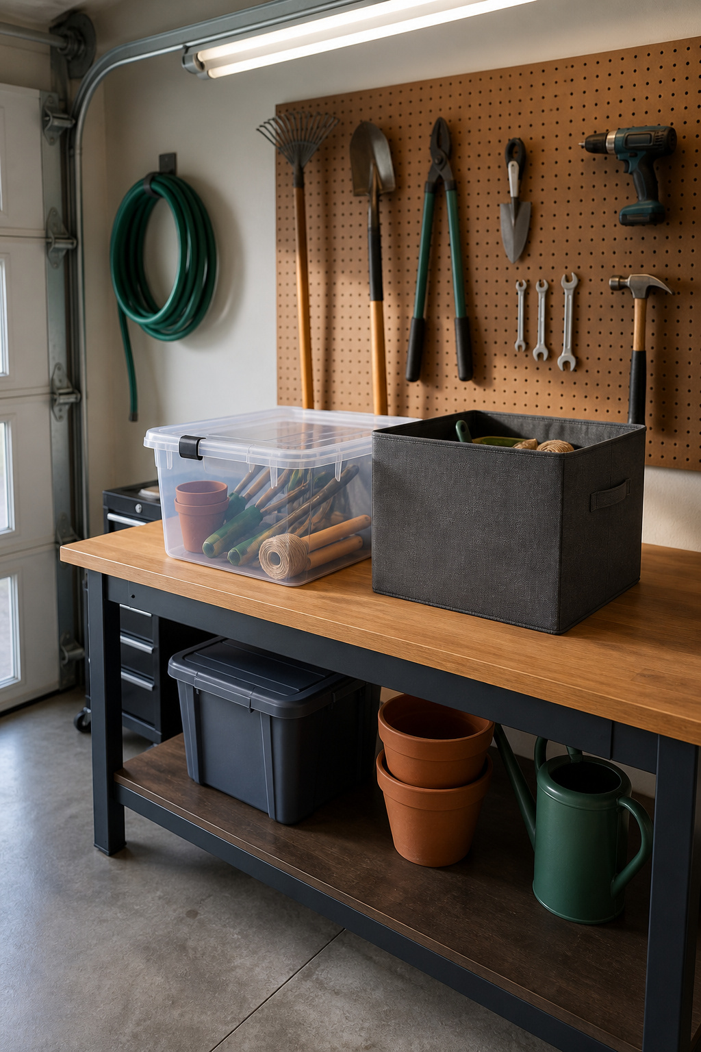 Close-up of a storage container filled with tools and paint cans