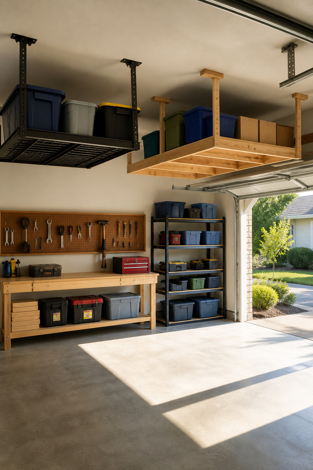 A clean garage with organized overhead storage racks and tools.